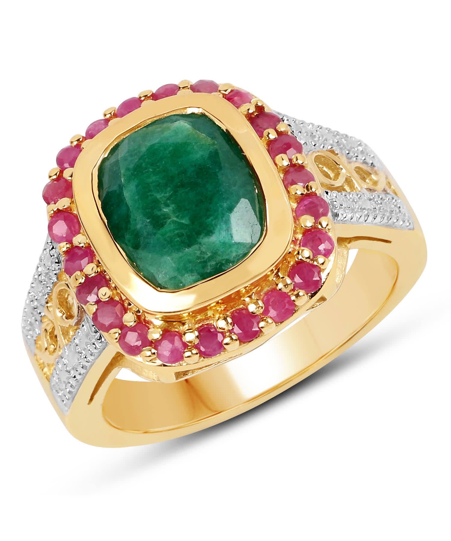4.88ctw Natural Forest Green Emerald and Ruby 14k Gold Plated 925 Sterling Silver Cocktail Ring View 1