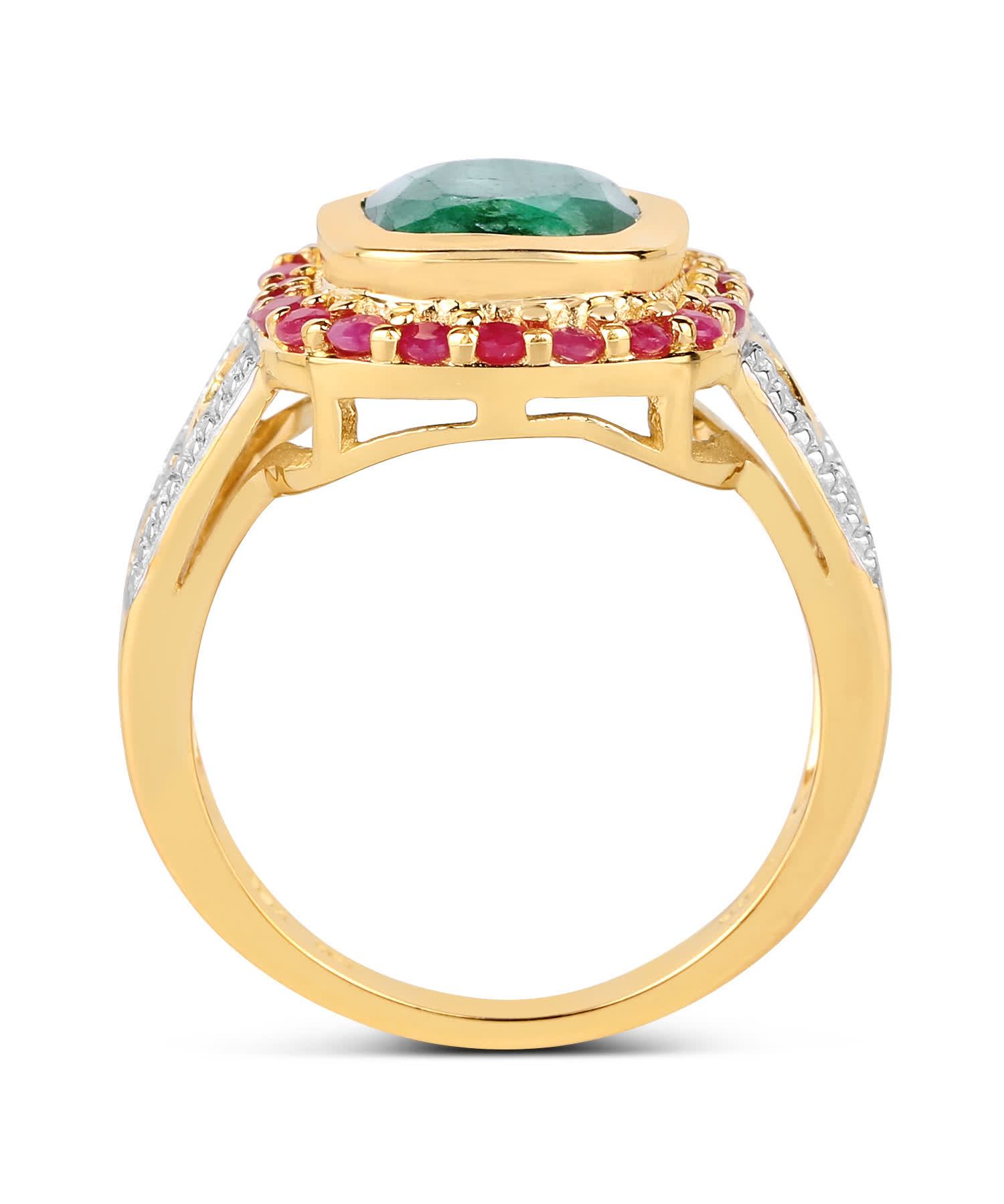 4.88ctw Natural Forest Green Emerald and Ruby 14k Gold Plated 925 Sterling Silver Cocktail Ring View 2