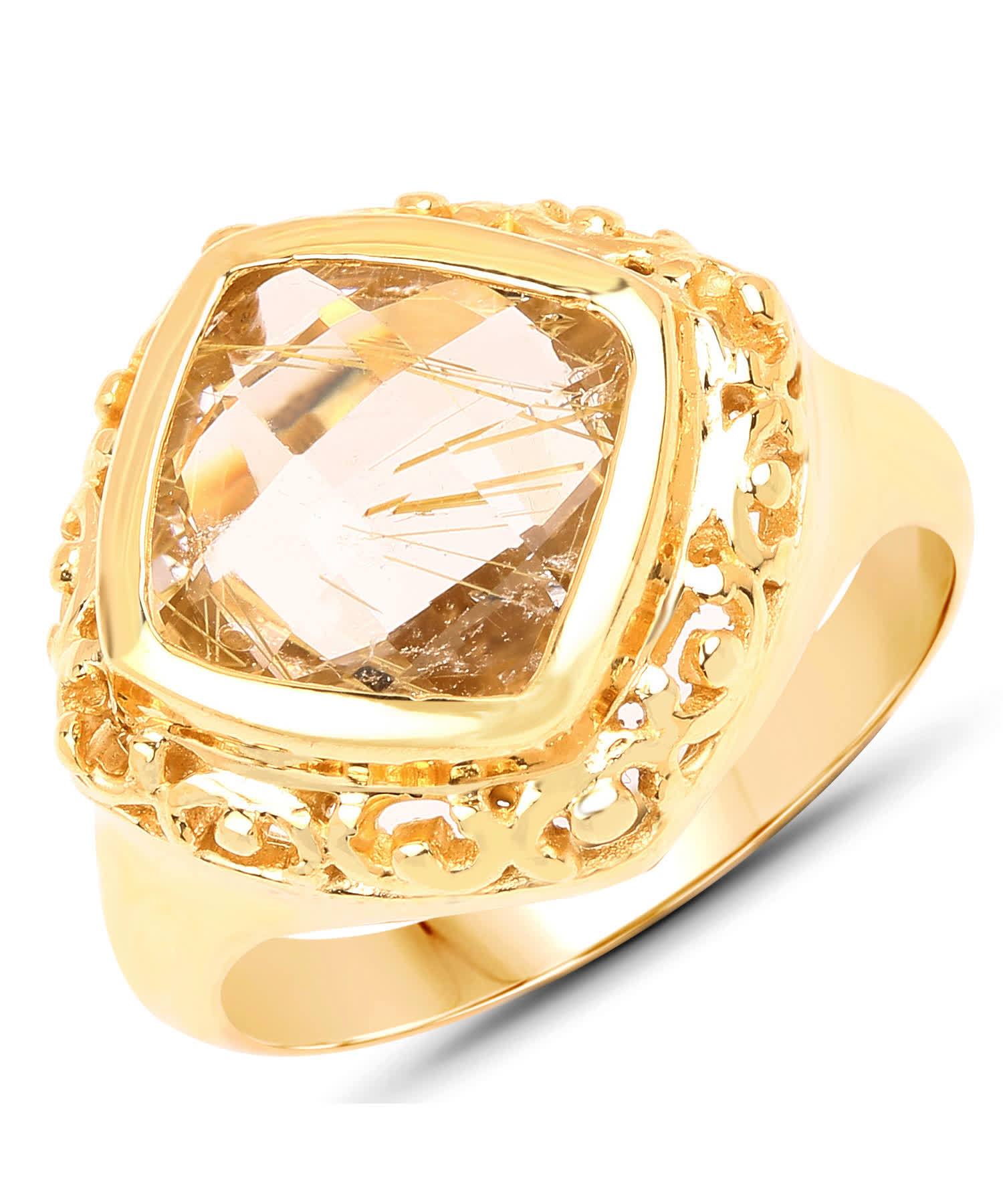 3.86ctw Natural Golden Rutilated Quartz 14k Gold Plated 925 Sterling Silver Right Hand Ring View 1