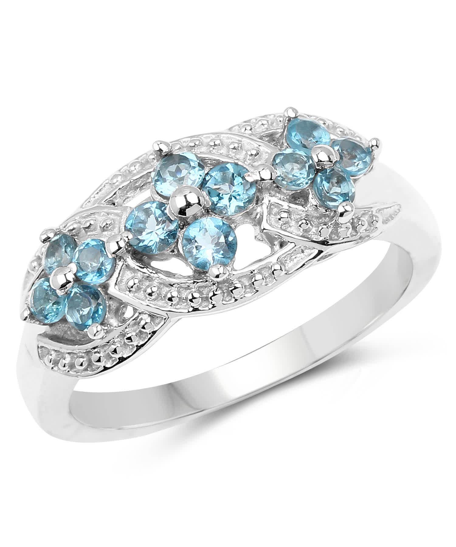 0.66ctw Natural London Blue Topaz Rhodium Plated 925 Sterling Silver Flower Ring View 1
