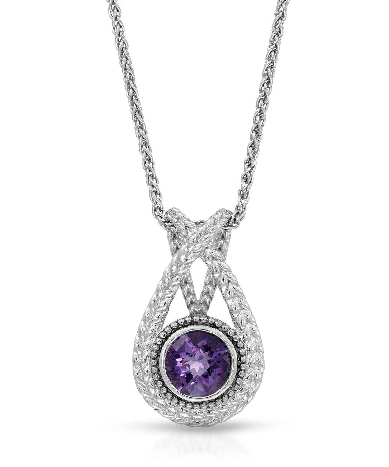2.90 ctw Natural Amethyst Rhodium Plated 925 Sterling Silver Victorian Style Pendant With Chain - With 18k Gold Inlay View 1