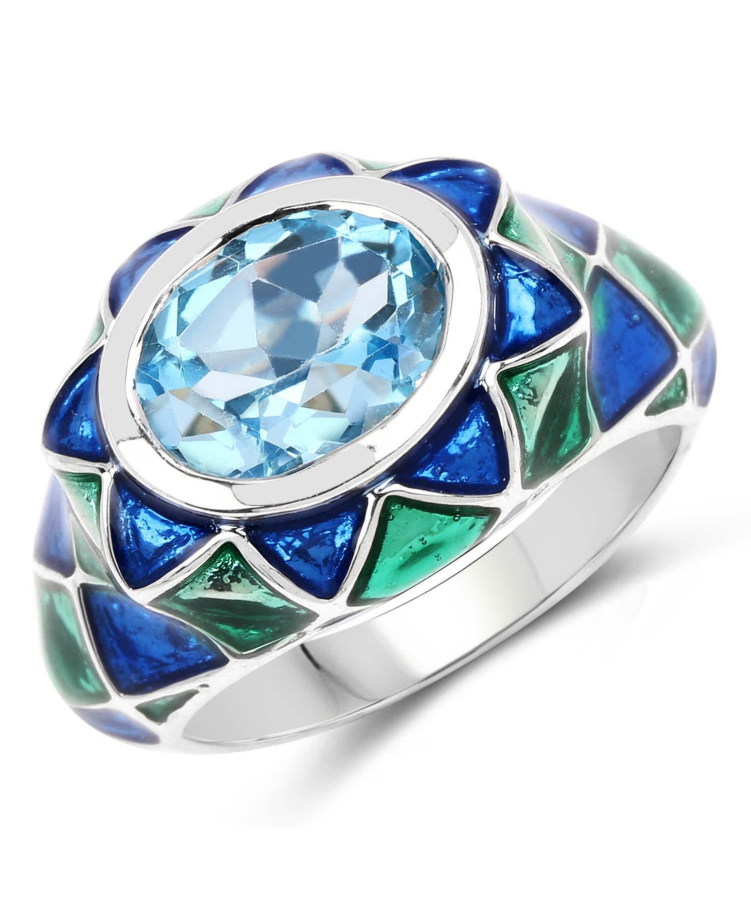 3.25ctw Natural Swiss Blue Topaz Rhodium Plated 925 Sterling Silver Cocktail Ring - With Enamel Inlay View 1