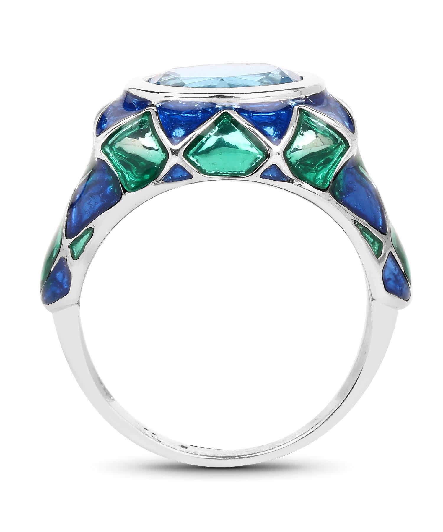 3.25ctw Natural Swiss Blue Topaz Rhodium Plated 925 Sterling Silver Cocktail Ring - With Enamel Inlay View 2