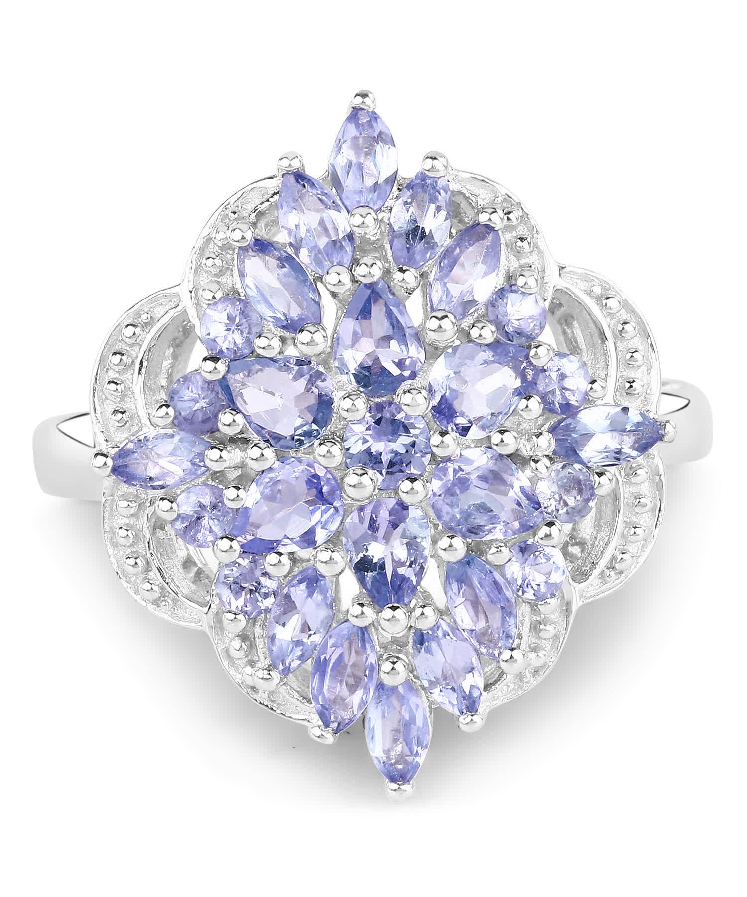 2.18ctw Natural Tanzanite Rhodium Plated 925 Sterling Silver Flower Cocktail Ring View 3