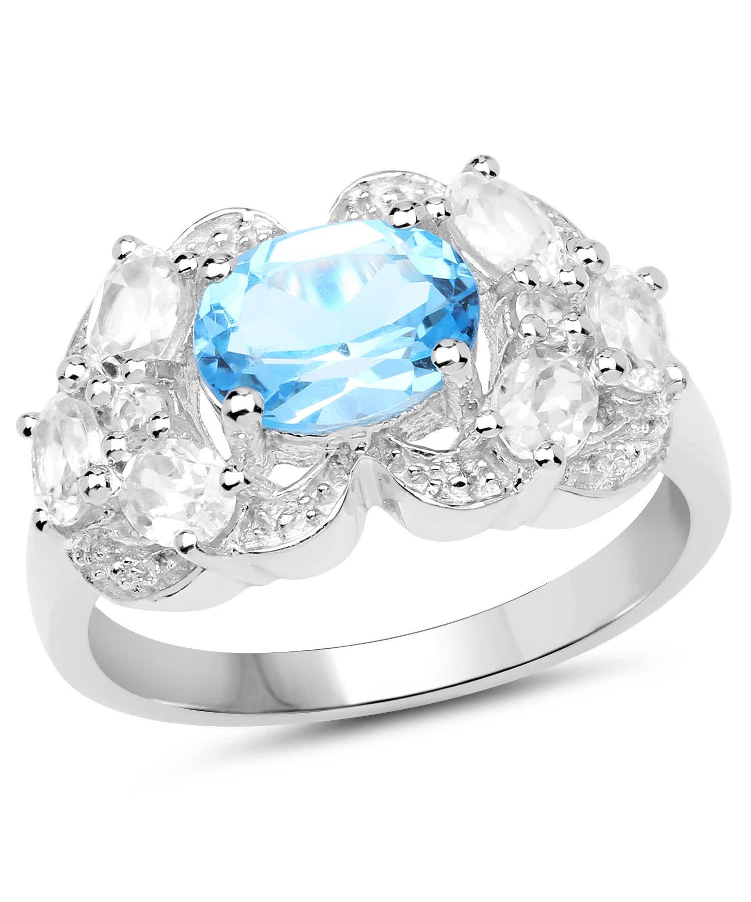 3.20ctw Natural Sky Blue Topaz and Zircon Rhodium Plated 925 Sterling Silver Ring View 1