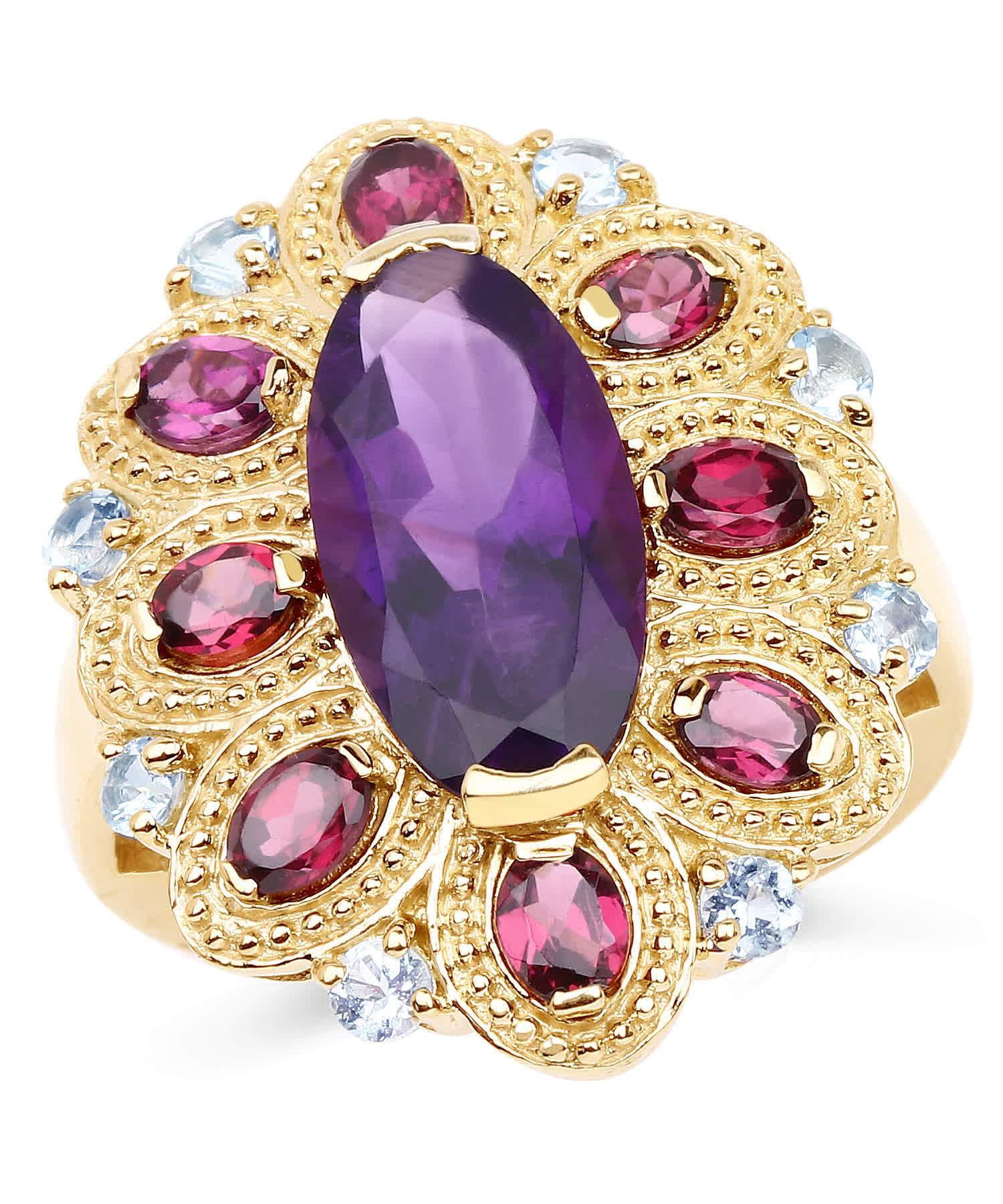 6.80ctw Natural Amethyst, Rhodolite Garnet and Sky Blue Topaz 14k Gold Plated 925 Sterling Silver Cocktail Ring View 1