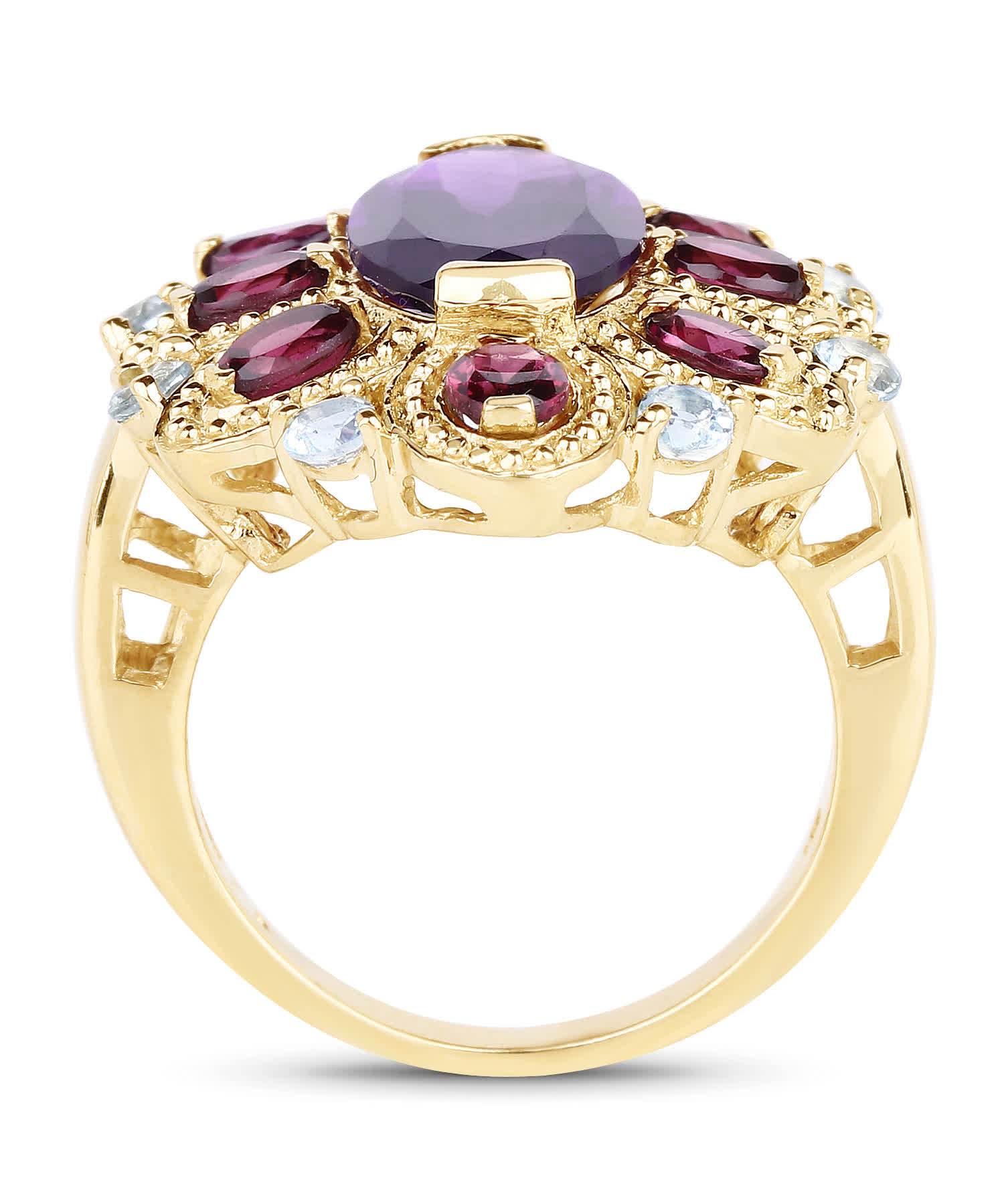 6.80ctw Natural Amethyst, Rhodolite Garnet and Sky Blue Topaz 14k Gold Plated 925 Sterling Silver Cocktail Ring View 2