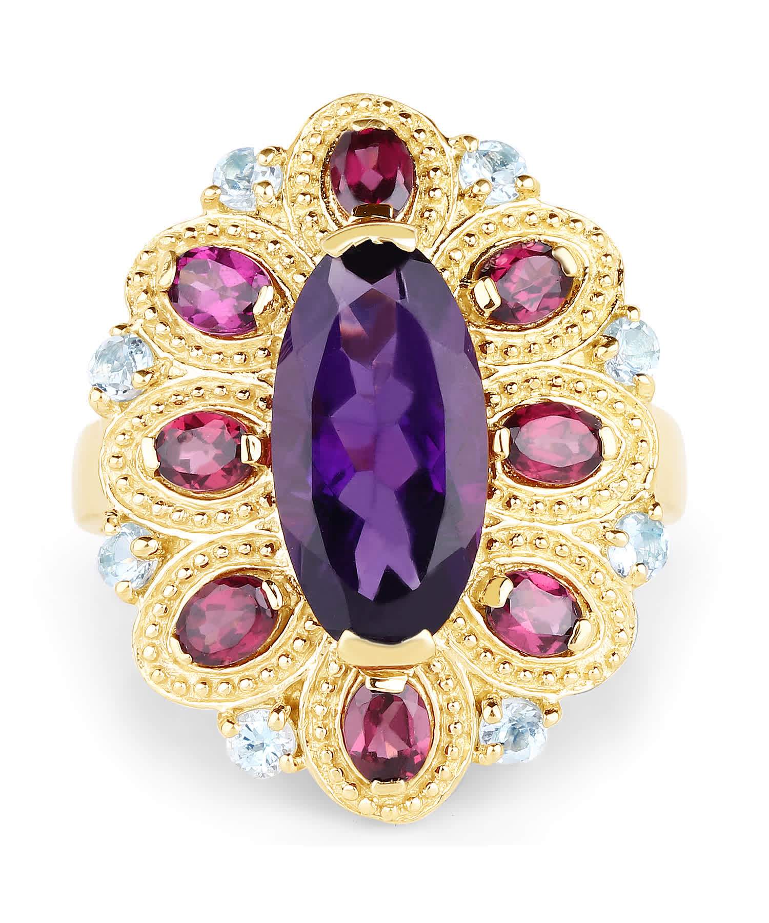 6.80ctw Natural Amethyst, Rhodolite Garnet and Sky Blue Topaz 14k Gold Plated 925 Sterling Silver Cocktail Ring View 3