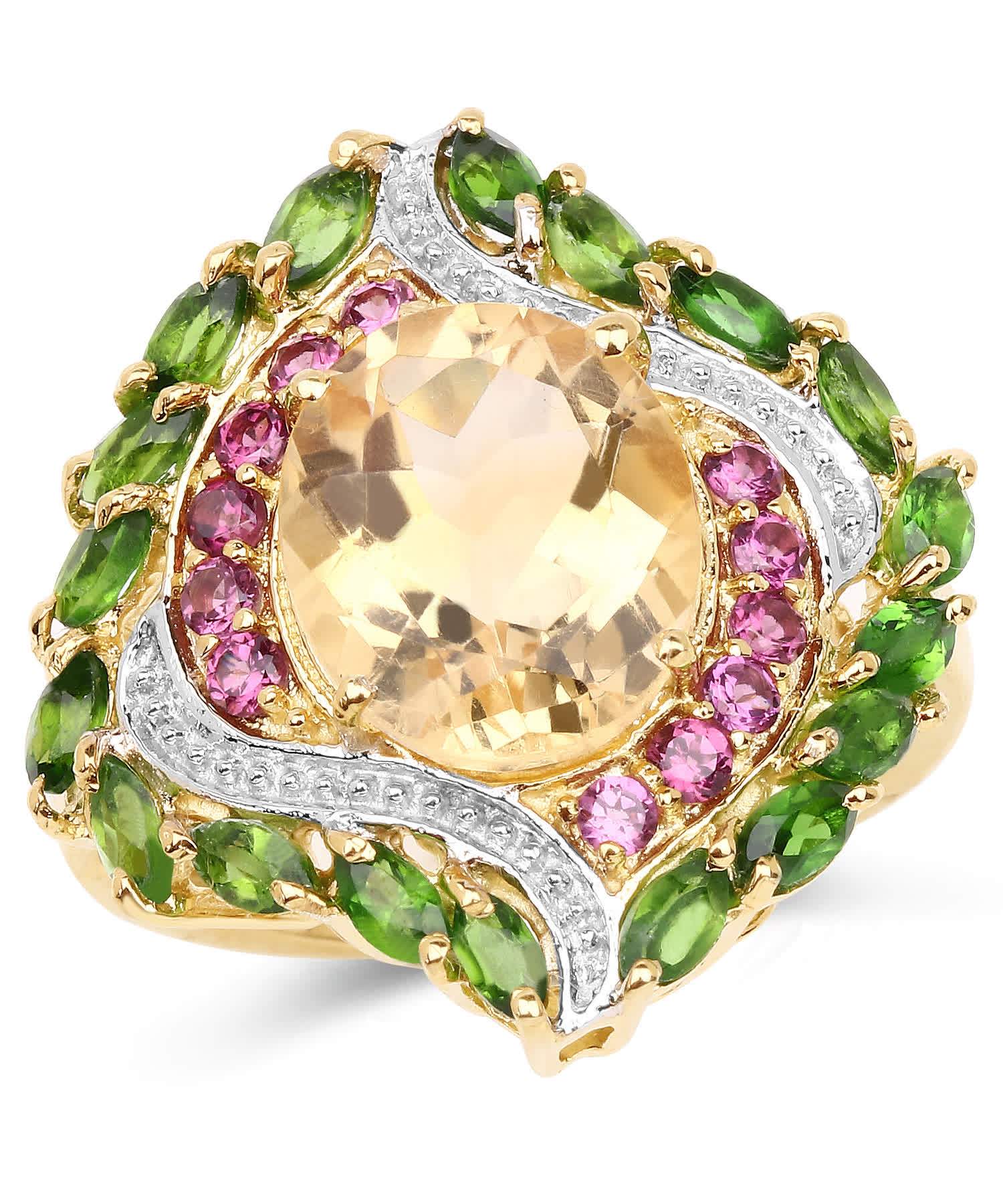 6.11ctw Natural Citrine, Rhodolite Garnet and Chrome Diopside 14k Gold Plated 925 Sterling Silver Cocktail Ring View 1