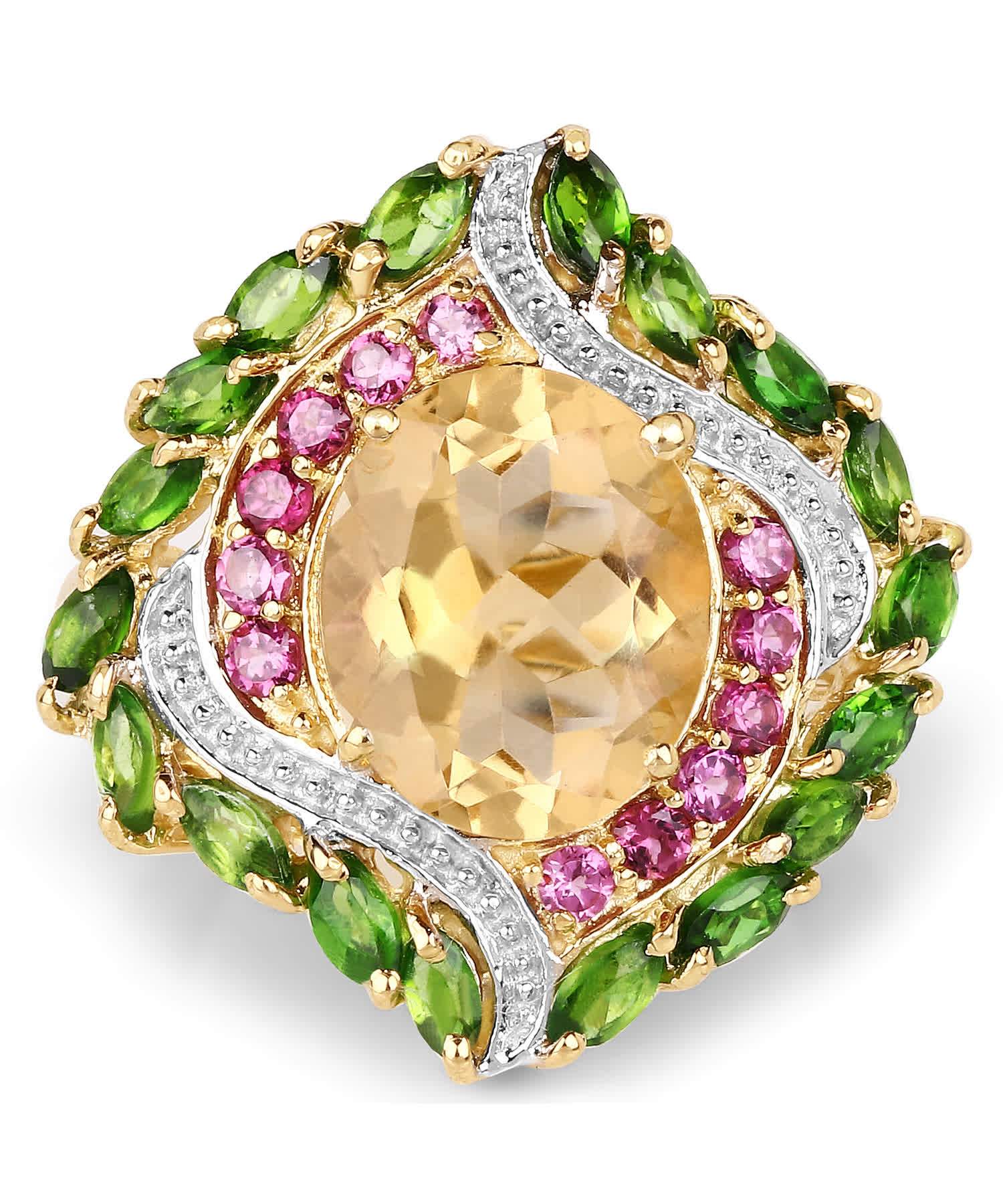 6.11ctw Natural Citrine, Rhodolite Garnet and Chrome Diopside 14k Gold Plated 925 Sterling Silver Cocktail Ring View 3