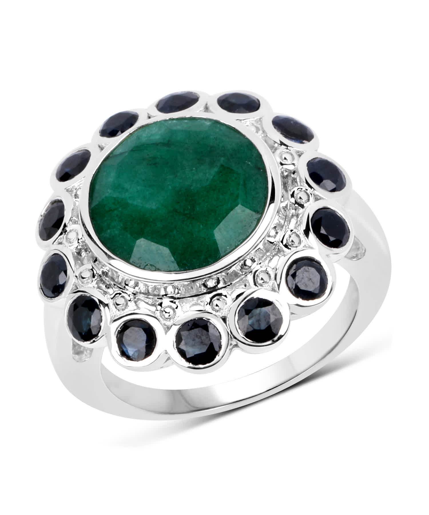 6.88ctw Natural Forest Green Emerald and Midnight Blue Sapphire Rhodium Plated 925 Sterling Silver Cocktail Ring View 1