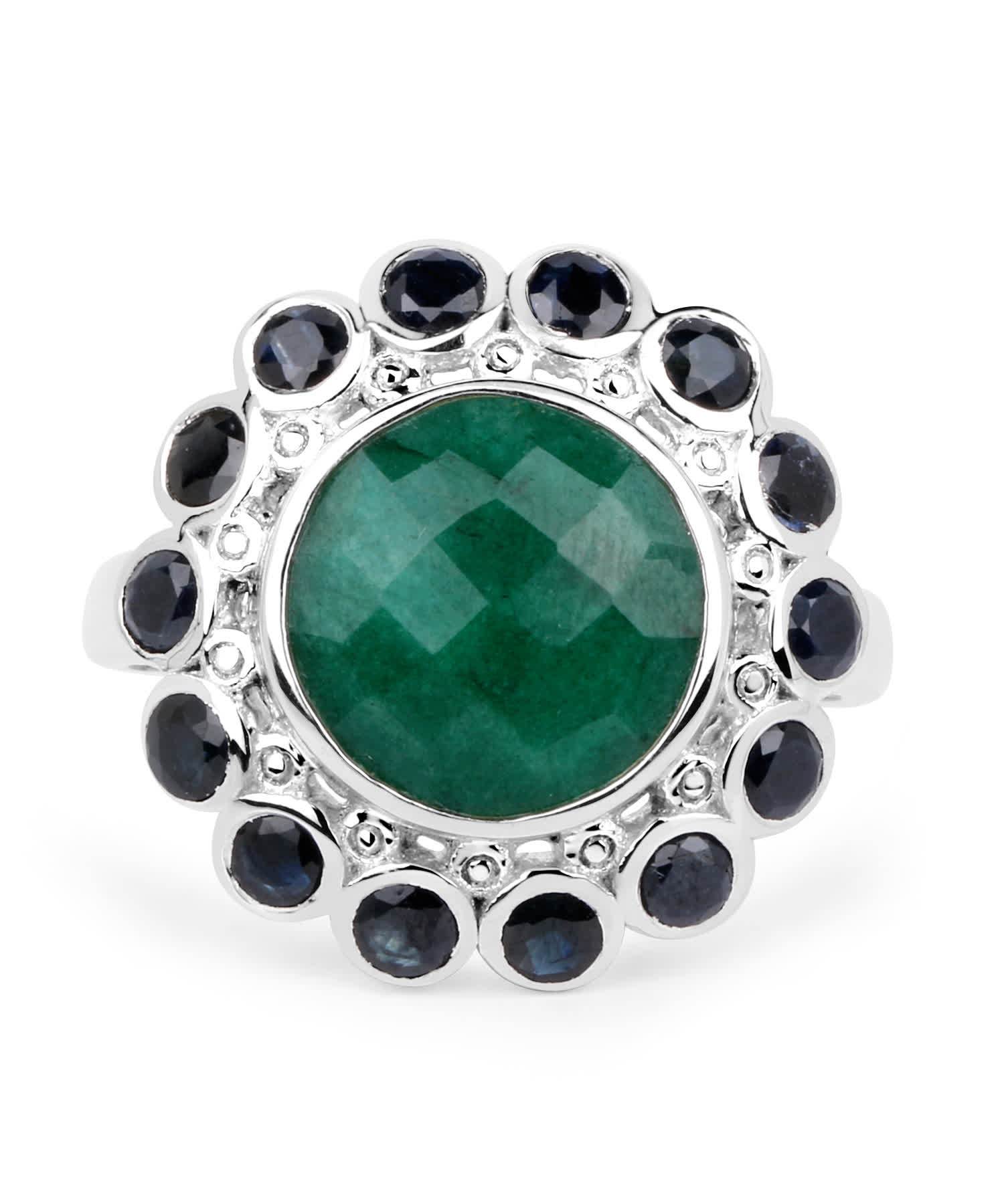 6.88ctw Natural Forest Green Emerald and Midnight Blue Sapphire Rhodium Plated 925 Sterling Silver Cocktail Ring View 3