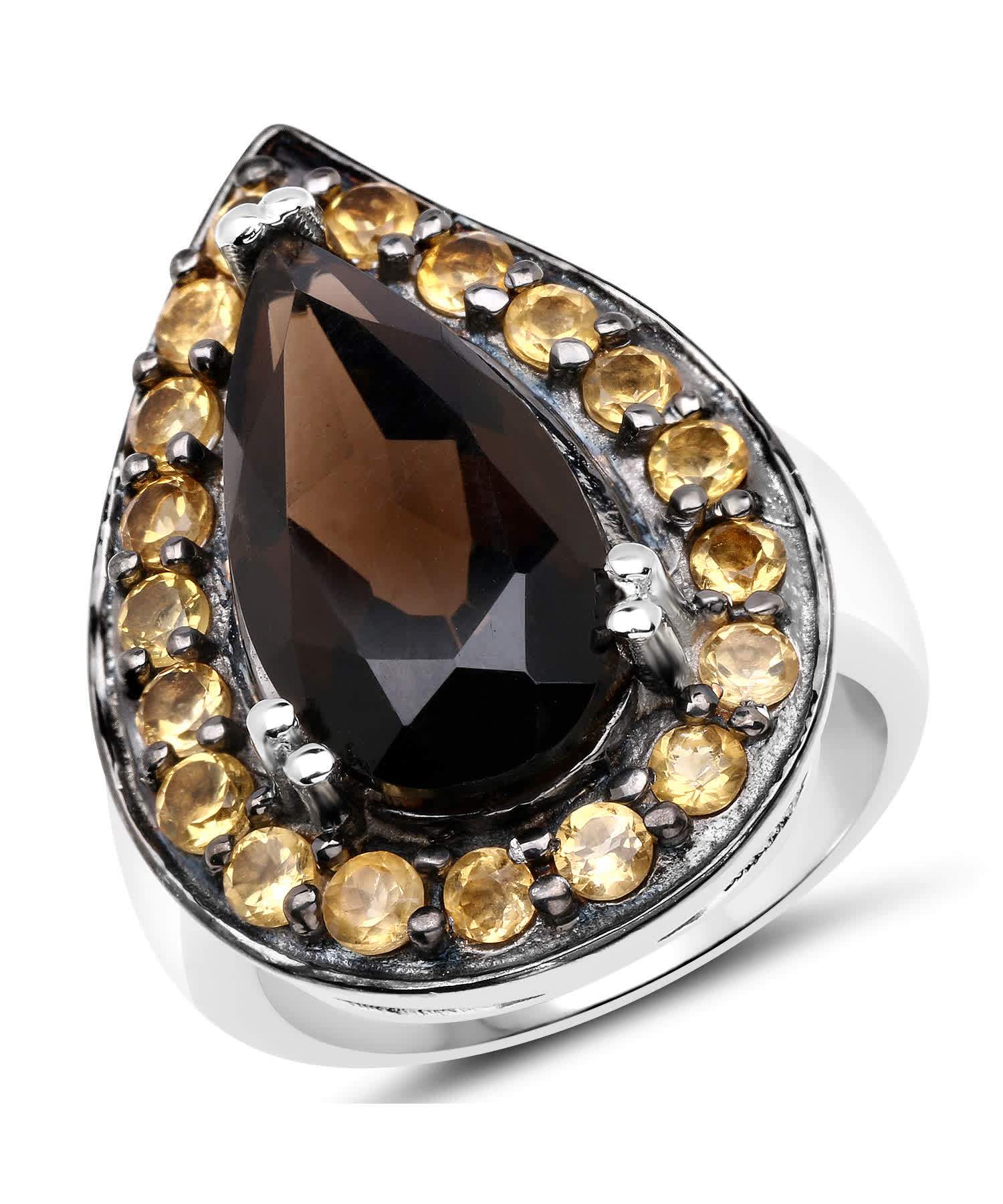 7.34ctw Natural Smoky Quartz and Citrine Rhodium Plated 925 Sterling Silver Cocktail Ring View 1