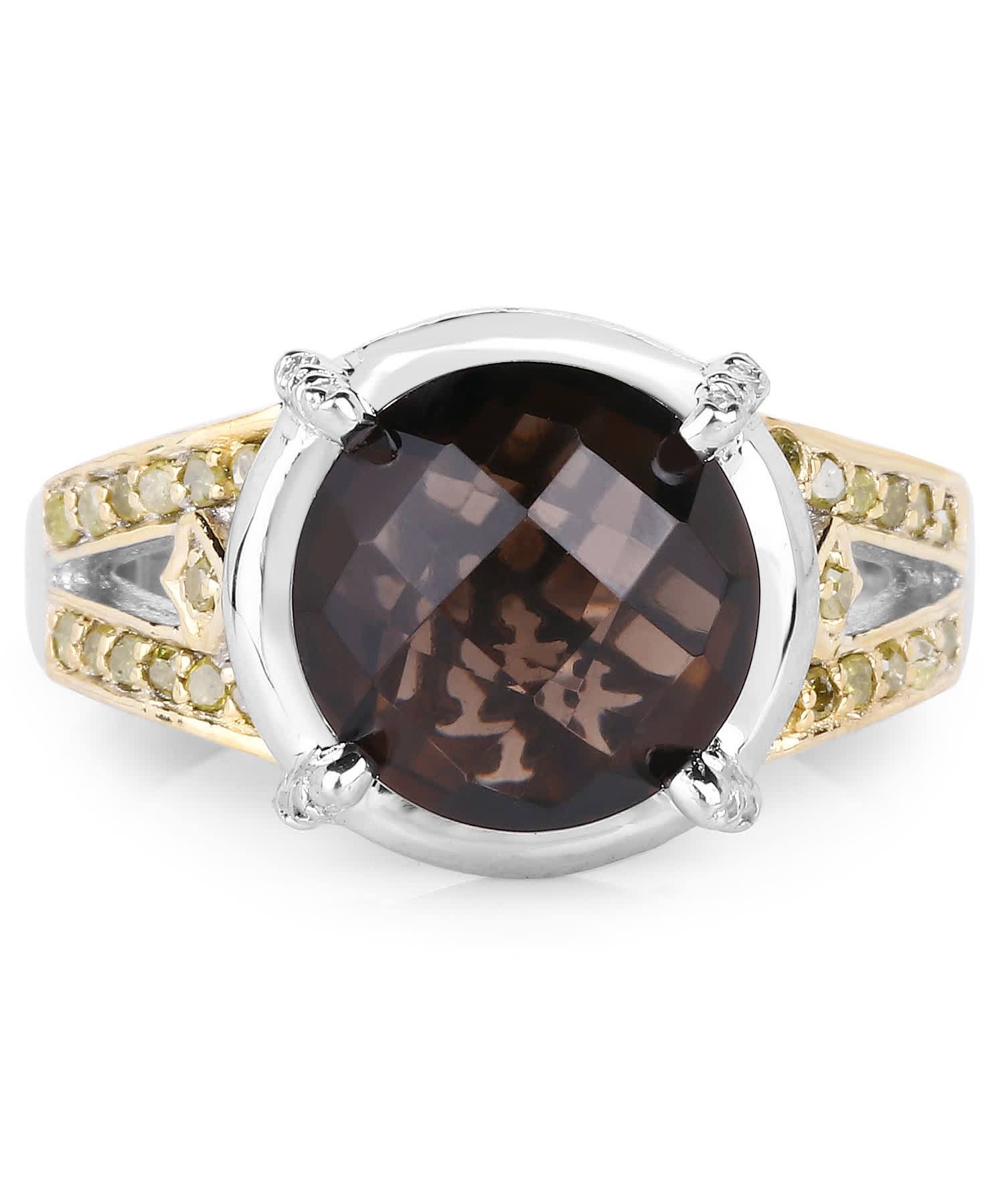 3.28ctw Natural Smoky Quartz and Yellow Diamond Rhodium Plated 925 Sterling Silver Ring View 3