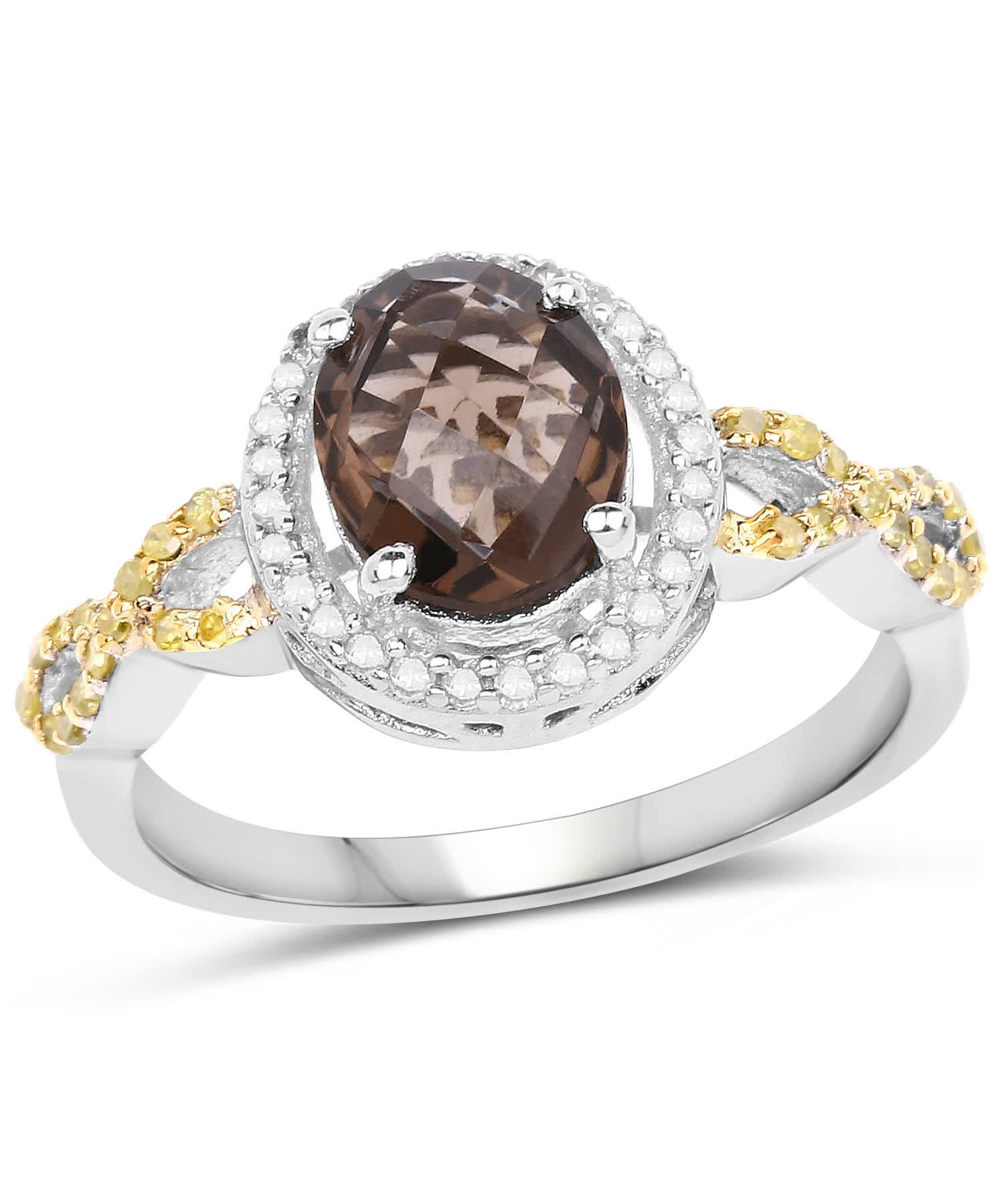 1.90ctw Natural Smoky Quartz and Yellow Diamond Rhodium Plated 925 Sterling Silver Halo Ring View 1