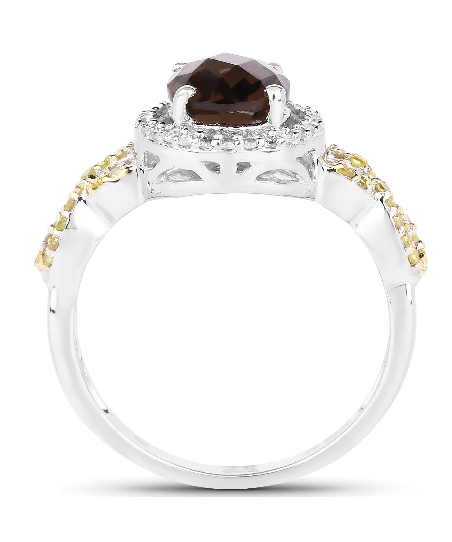 1.90ctw Natural Smoky Quartz and Yellow Diamond Rhodium Plated 925 Sterling Silver Halo Ring View 2