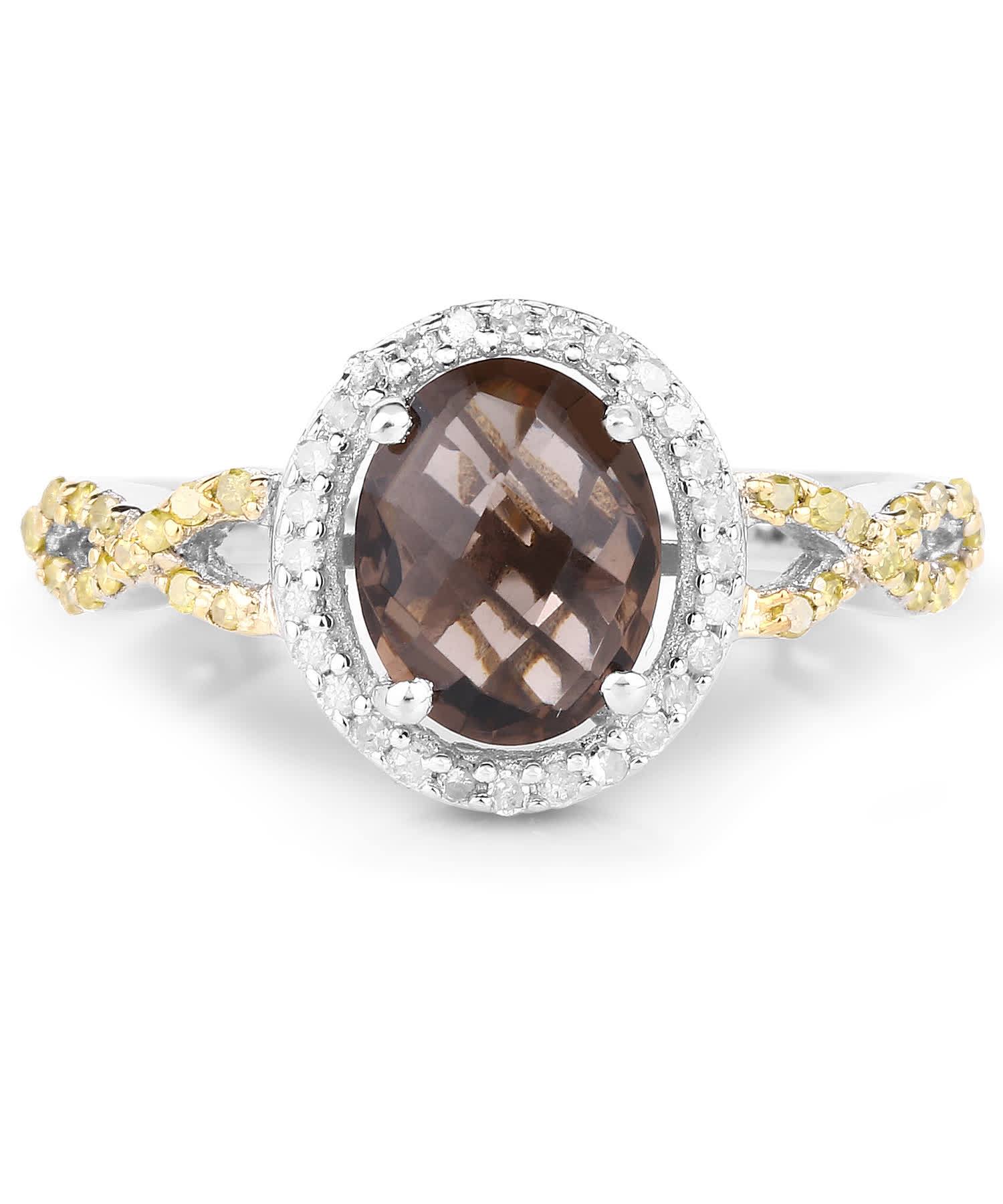 1.90ctw Natural Smoky Quartz and Yellow Diamond Rhodium Plated 925 Sterling Silver Halo Ring View 3