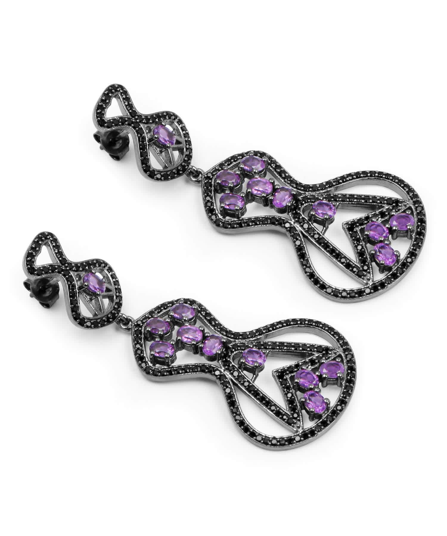 5.30ctw Natural Amethyst and Black Spinel Rhodium Plated 925 Sterling Silver Modern Dangle Earrings View 3