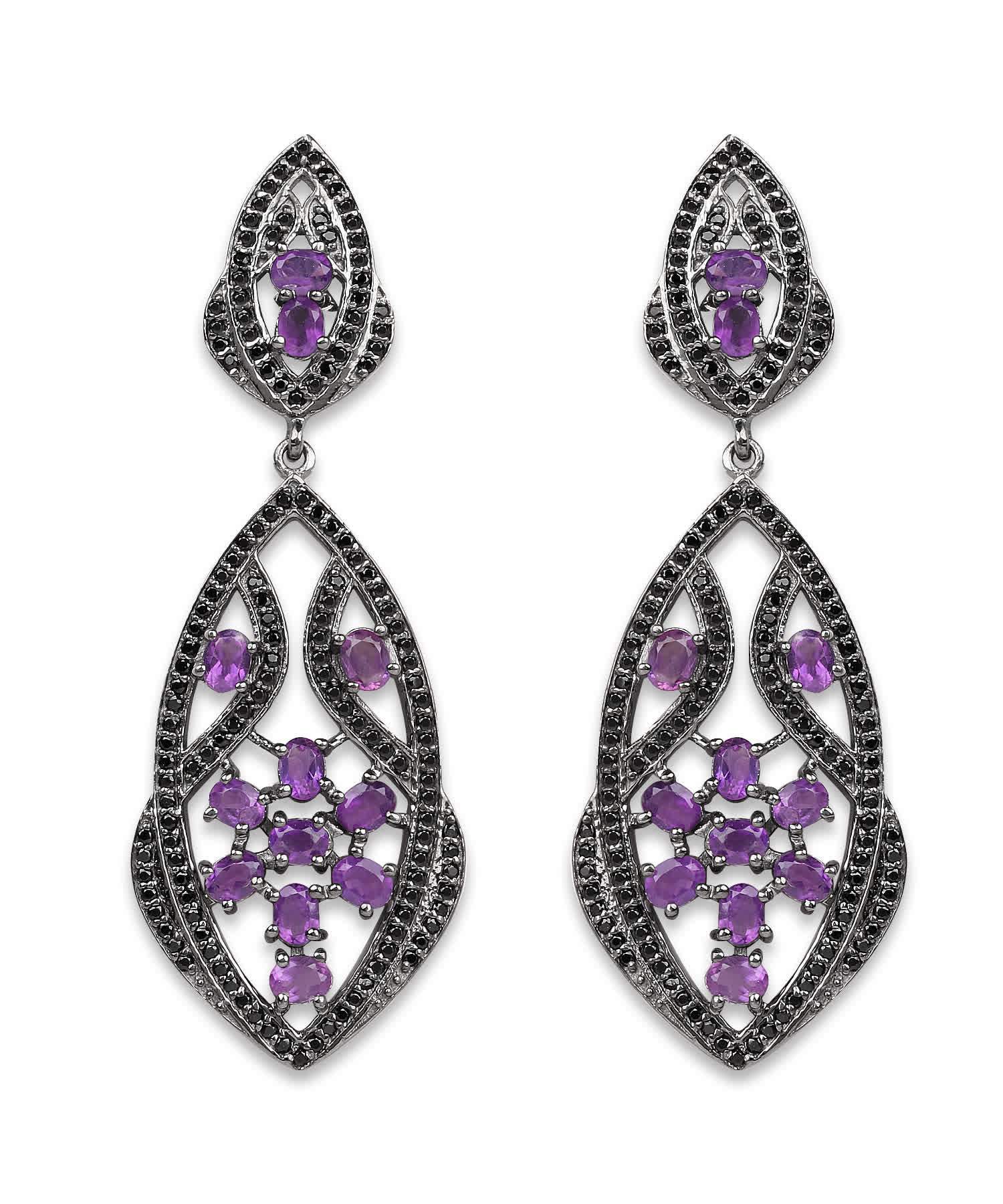 5.74ctw Natural Amethyst and Black Spinel Rhodium Plated 925 Sterling Silver Antique Style Dangle Earrings View 1