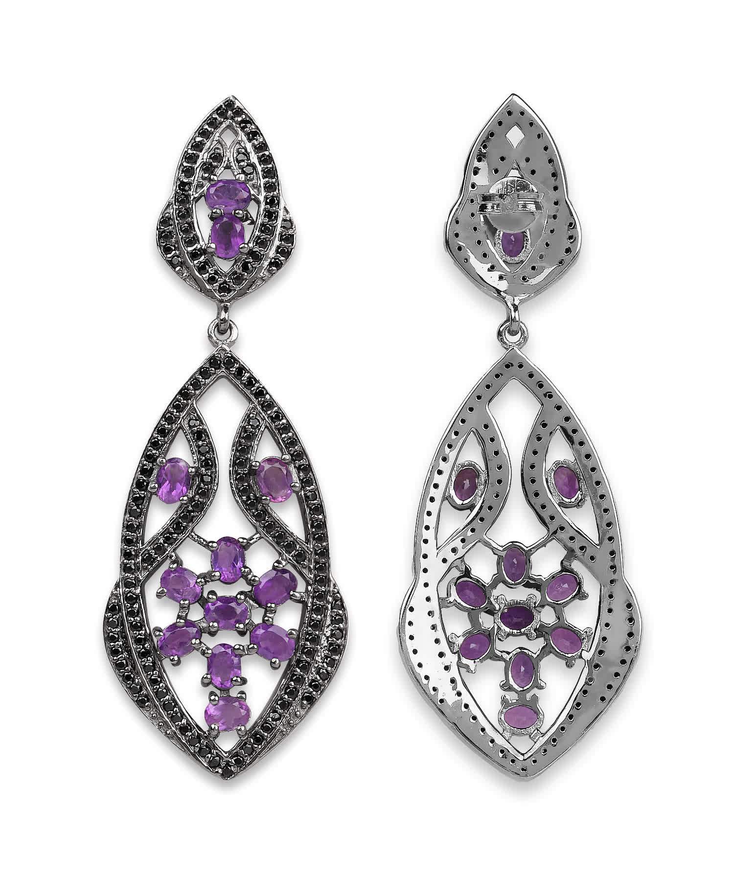 5.74ctw Natural Amethyst and Black Spinel Rhodium Plated 925 Sterling Silver Antique Style Dangle Earrings View 2