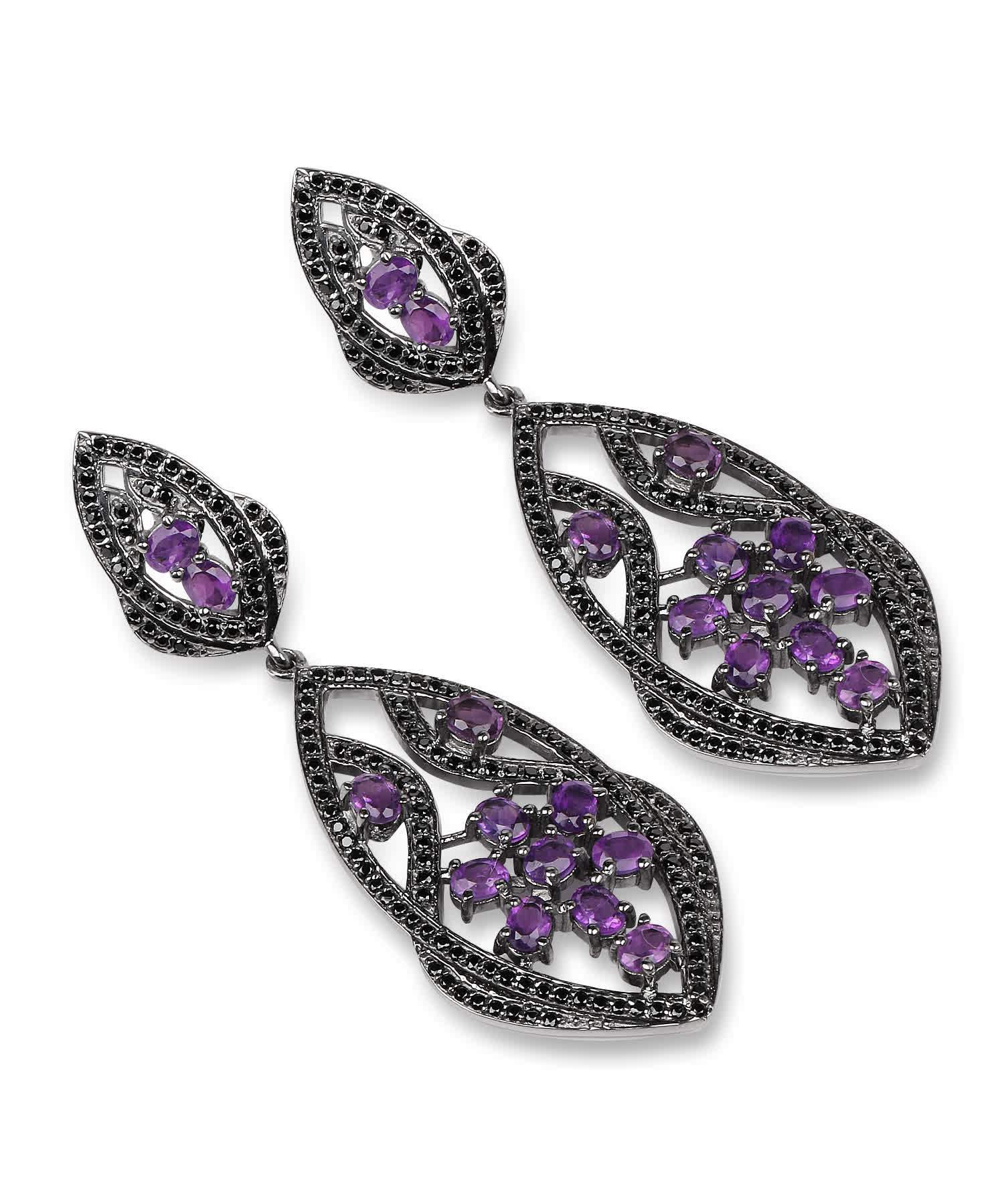 5.74ctw Natural Amethyst and Black Spinel Rhodium Plated 925 Sterling Silver Antique Style Dangle Earrings View 3