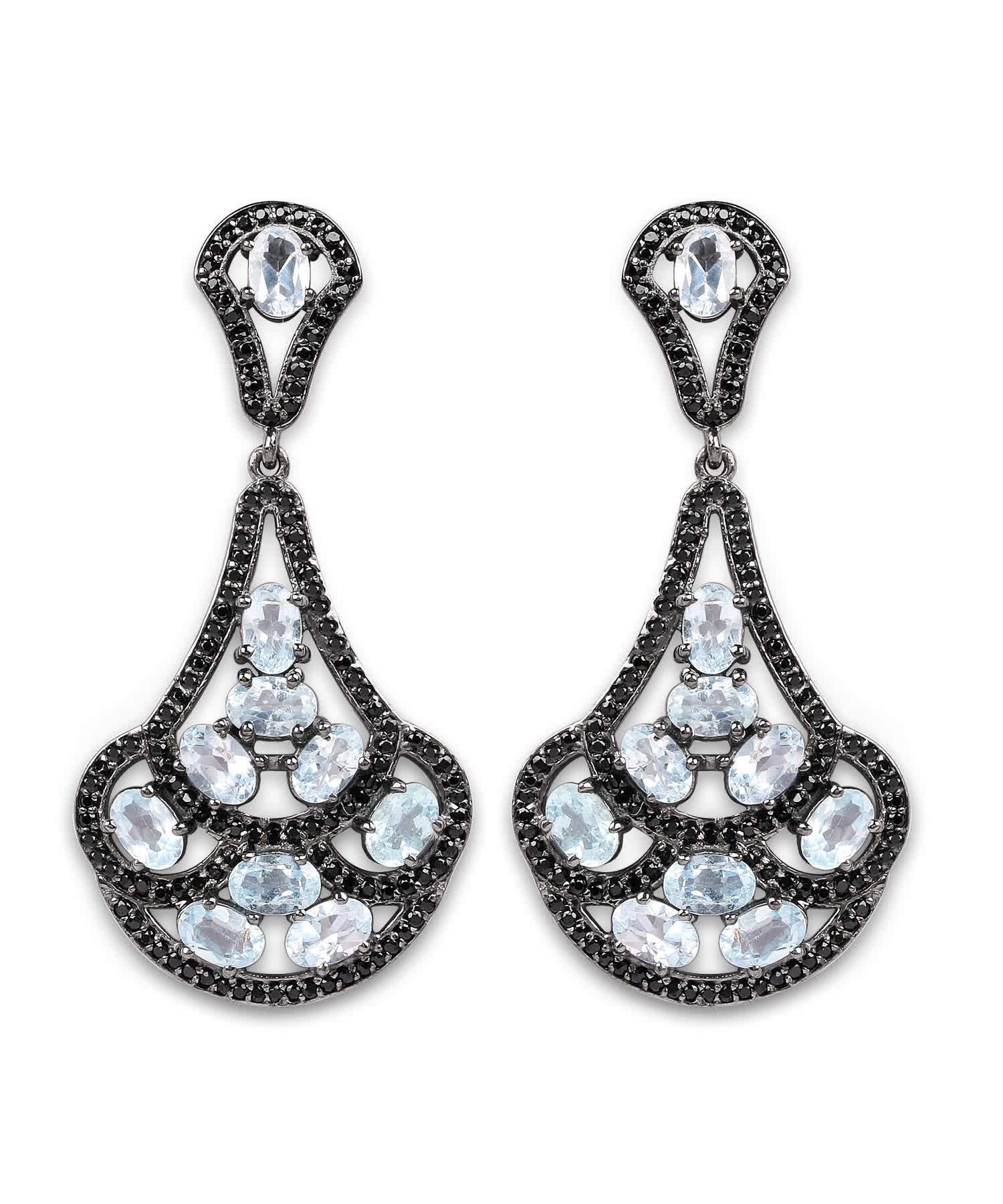 12.19ctw Natural Sky Blue Topaz and Black Spinel Rhodium Plated 925 Sterling Silver Antique Style Dangle Earrings View 1