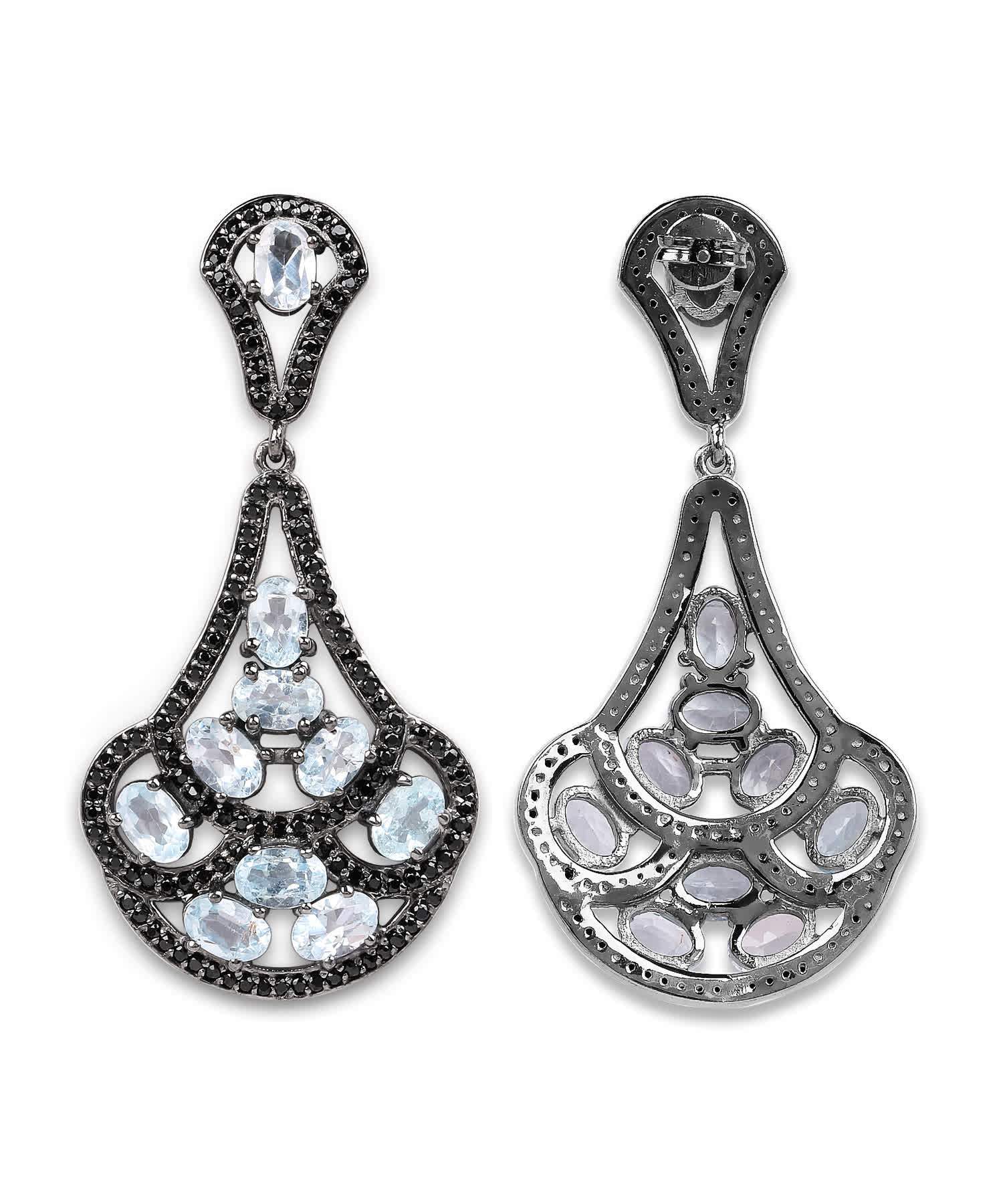 12.19ctw Natural Sky Blue Topaz and Black Spinel Rhodium Plated 925 Sterling Silver Antique Style Dangle Earrings View 2