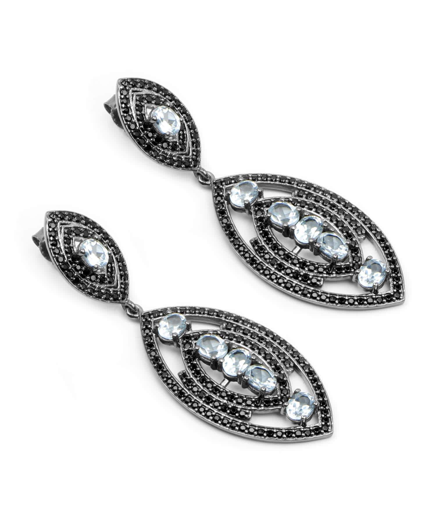 8.80ctw Natural Sky Blue Topaz and Black Spinel Rhodium Plated 925 Sterling Silver Antique Style Dangle Earrings View 3