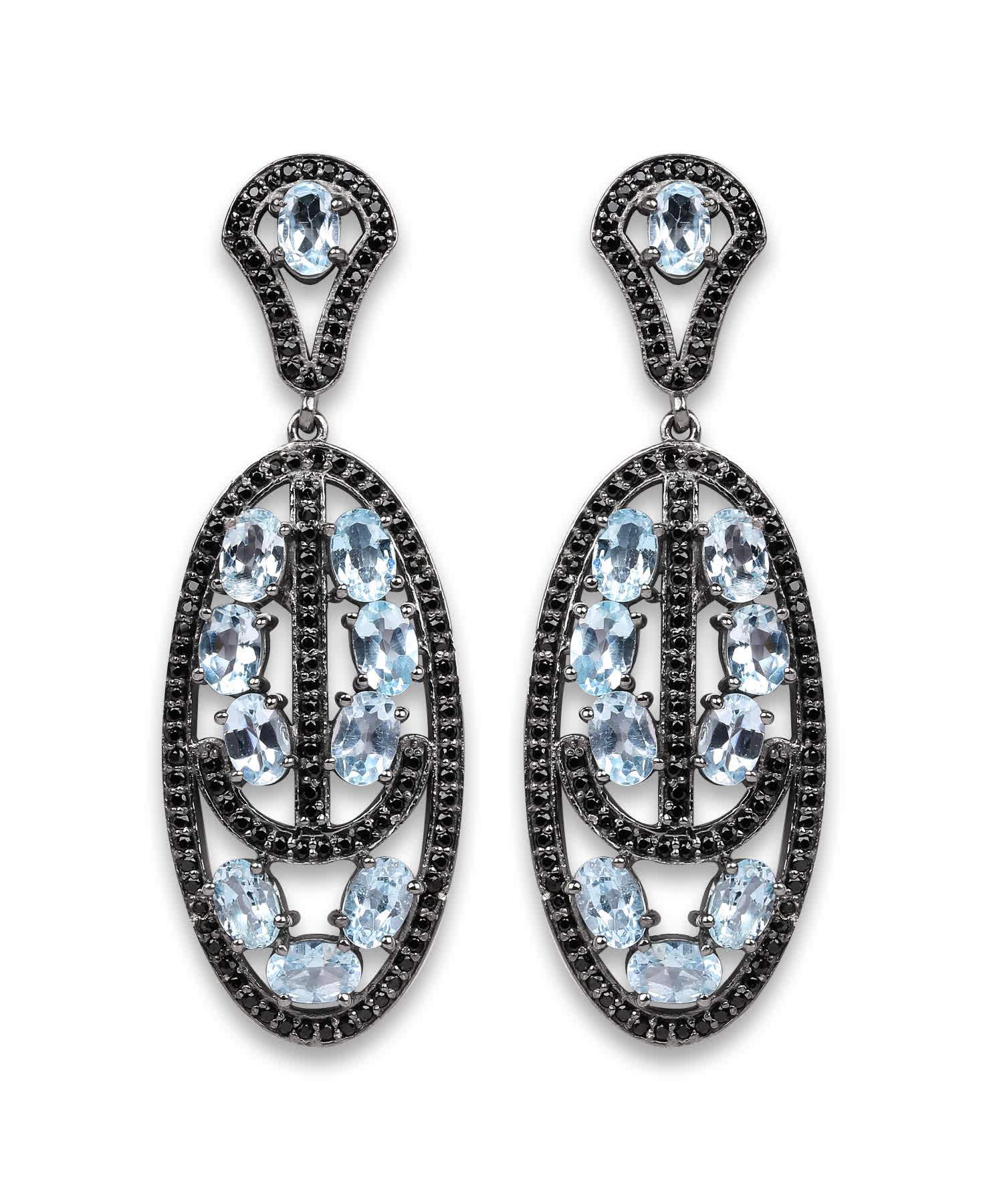 13.80ctw Natural Sky Blue Topaz and Black Spinel Rhodium Plated 925 Sterling Silver Antique Style Dangle Earrings View 1