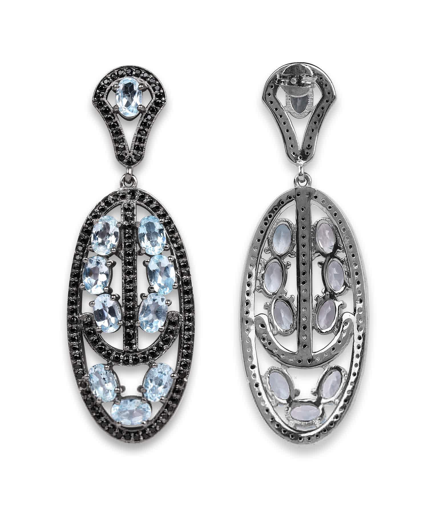13.80ctw Natural Sky Blue Topaz and Black Spinel Rhodium Plated 925 Sterling Silver Antique Style Dangle Earrings View 2