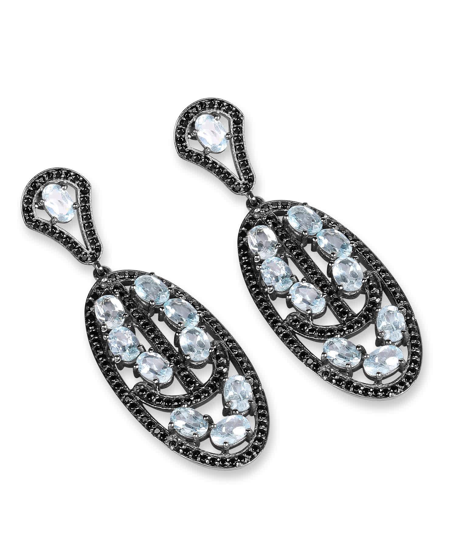 13.80ctw Natural Sky Blue Topaz and Black Spinel Rhodium Plated 925 Sterling Silver Antique Style Dangle Earrings View 3