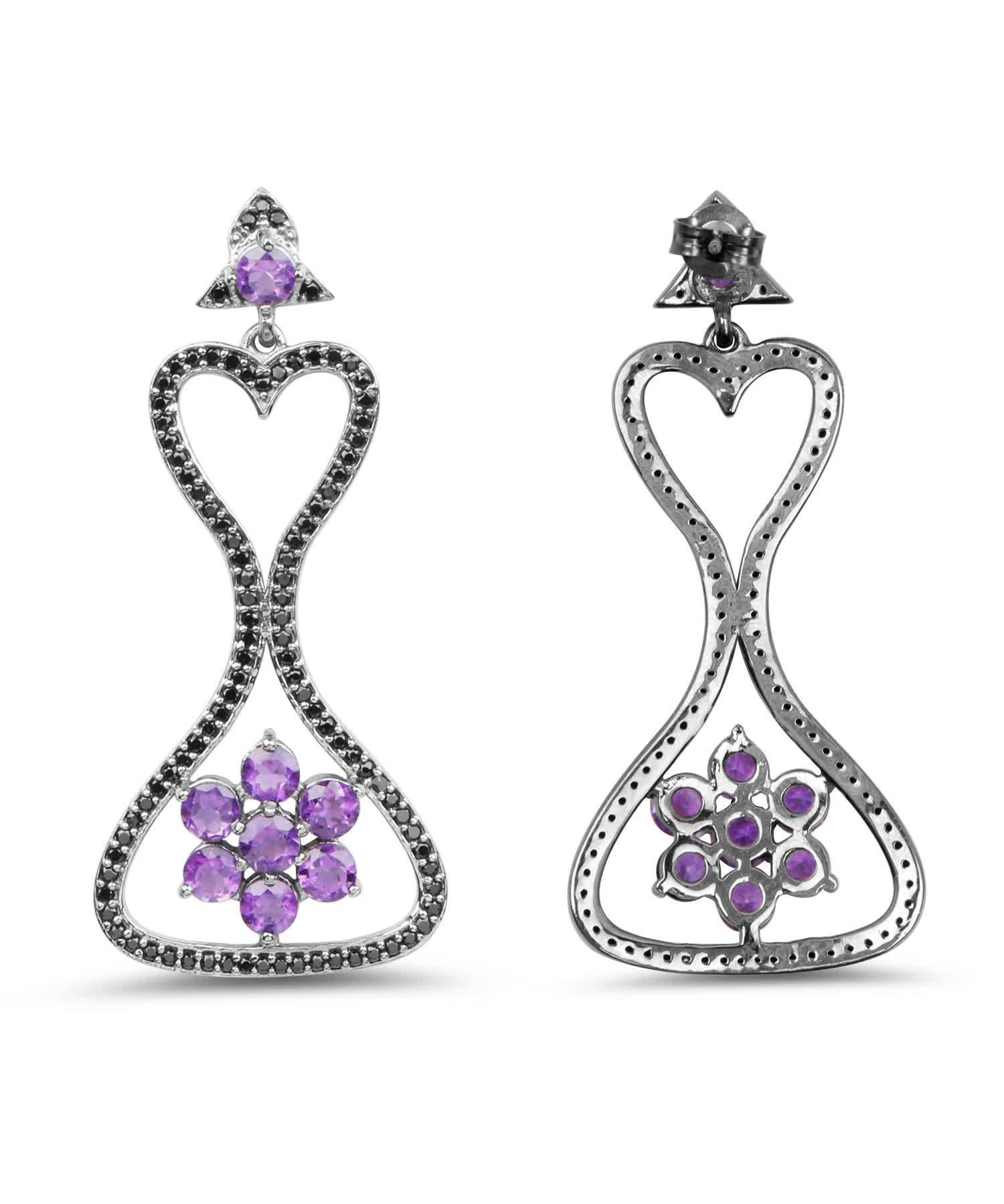 6.30ctw Natural Amethyst and Black Spinel Rhodium Plated 925 Sterling Silver Antique Style Dangle Earrings View 2