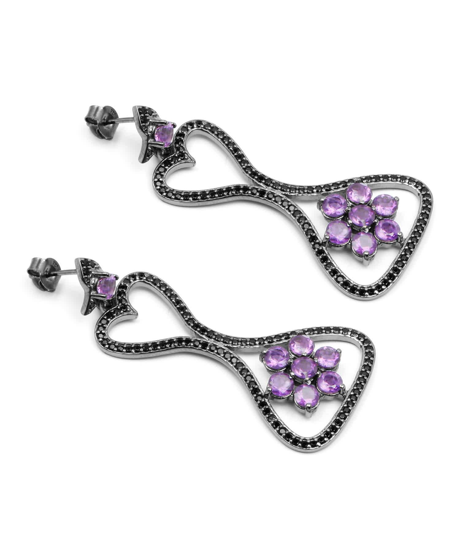 6.30ctw Natural Amethyst and Black Spinel Rhodium Plated 925 Sterling Silver Antique Style Dangle Earrings View 3