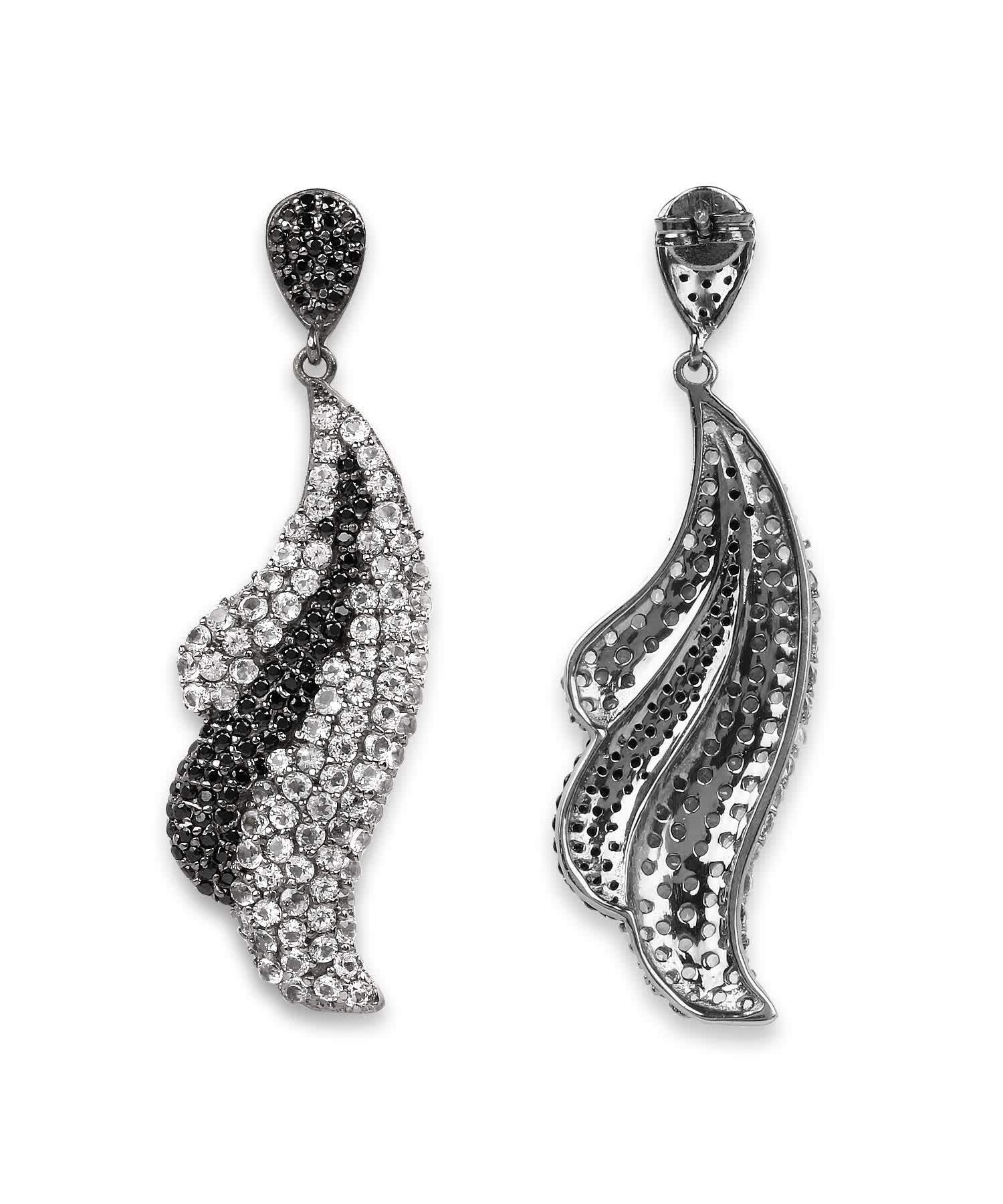 3.28ctw Natural White Topaz and Black Spinel Rhodium Plated 925 Sterling Silver Leaf Dangle Earrings View 2
