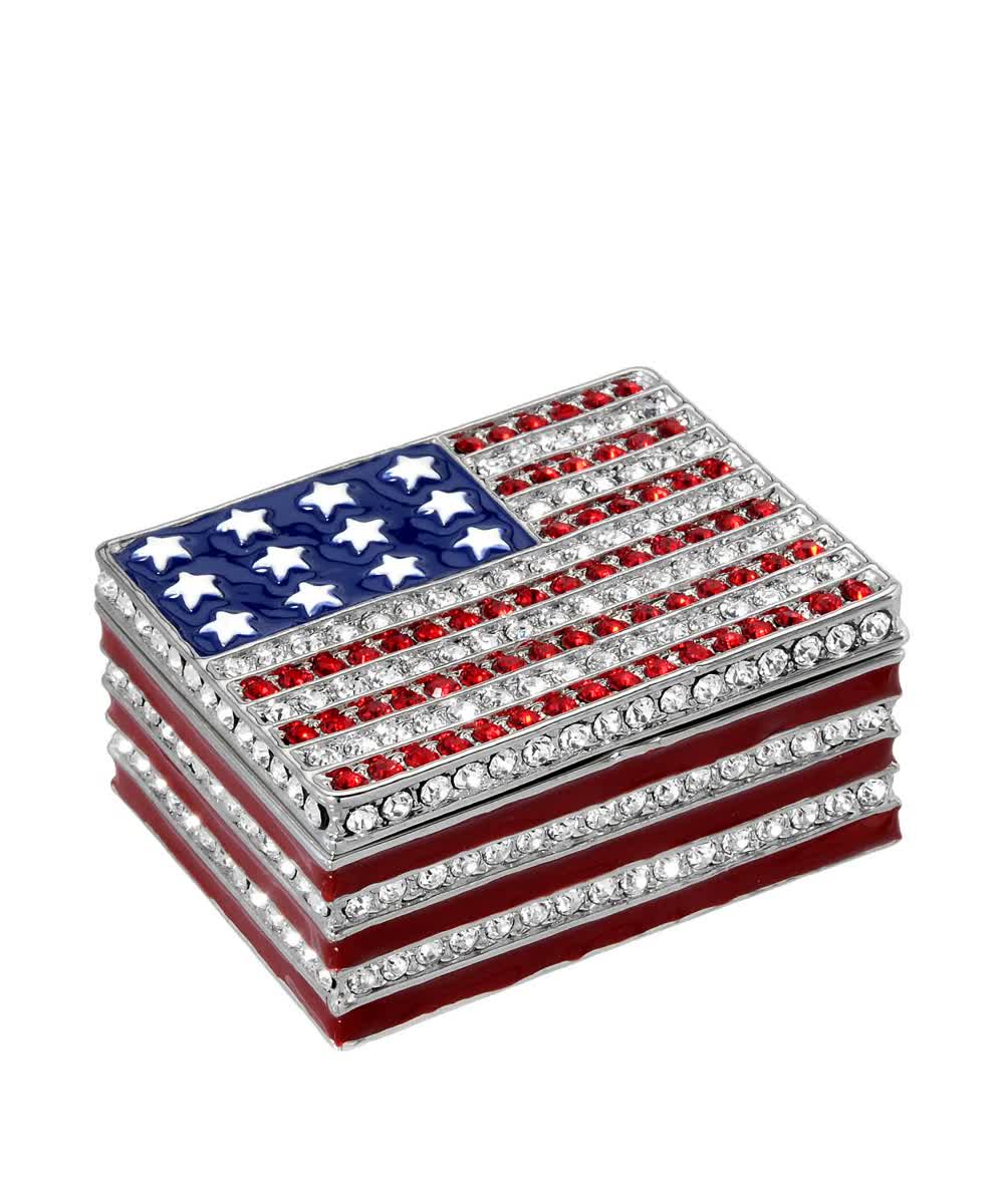 Dazzlers White Crystal & Enamel Collectible American Flag Jewelry Box View 1