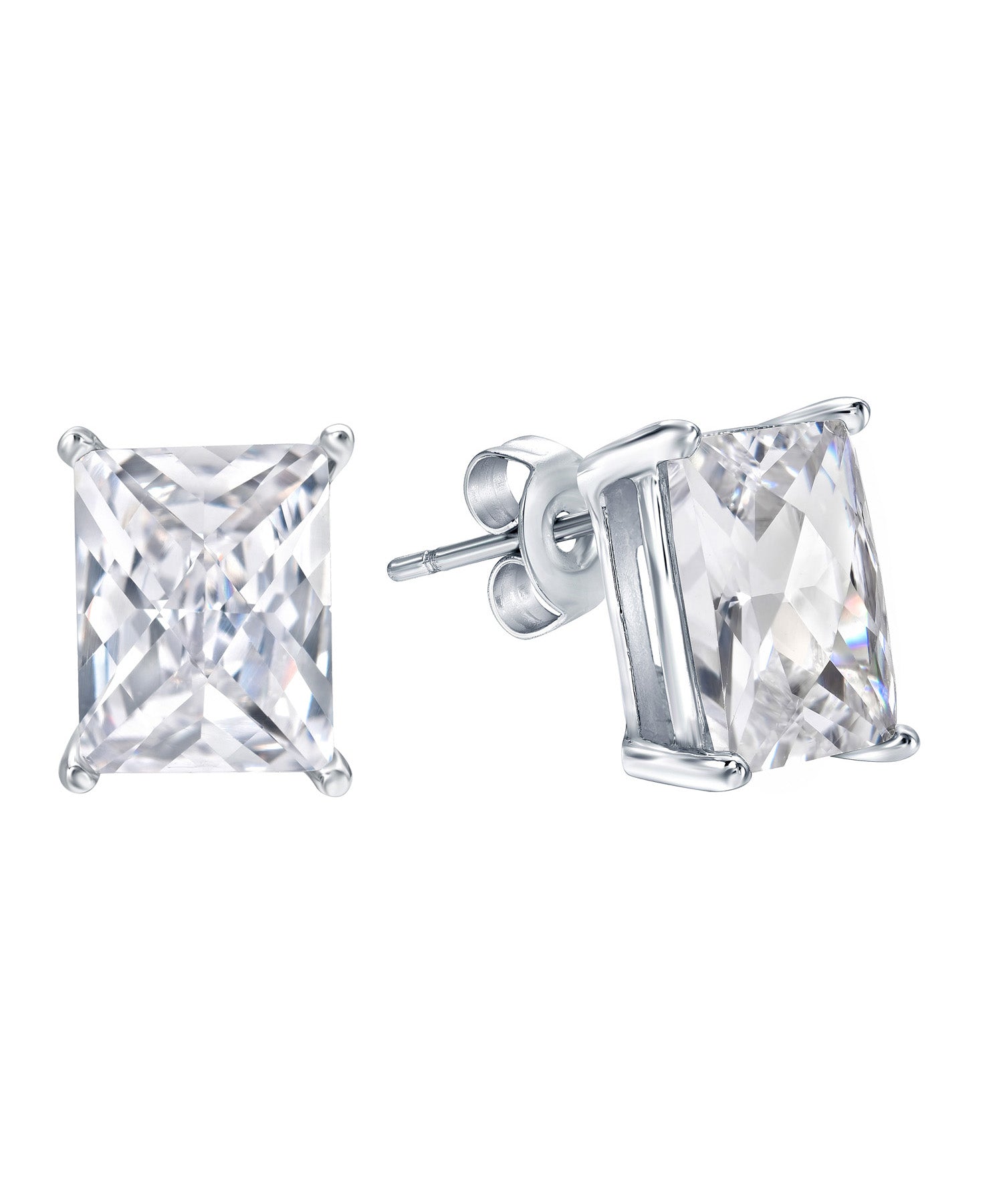 Checkerboard Cut Cubic Zirconia Rhodium Plated 925 Sterling Silver Stud Earrings View 2