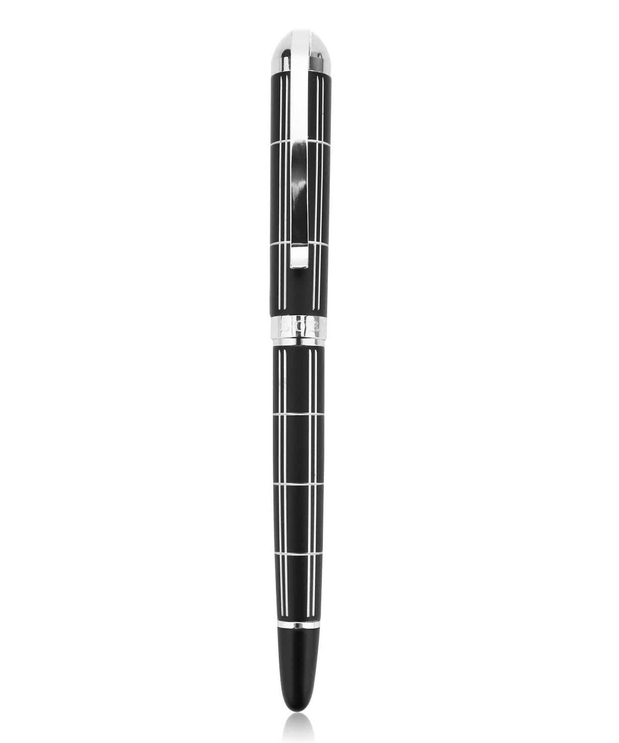 Croton Ballpoint Pen With Laser Cut Grooves In Matte Black and Chrome Accents View 1