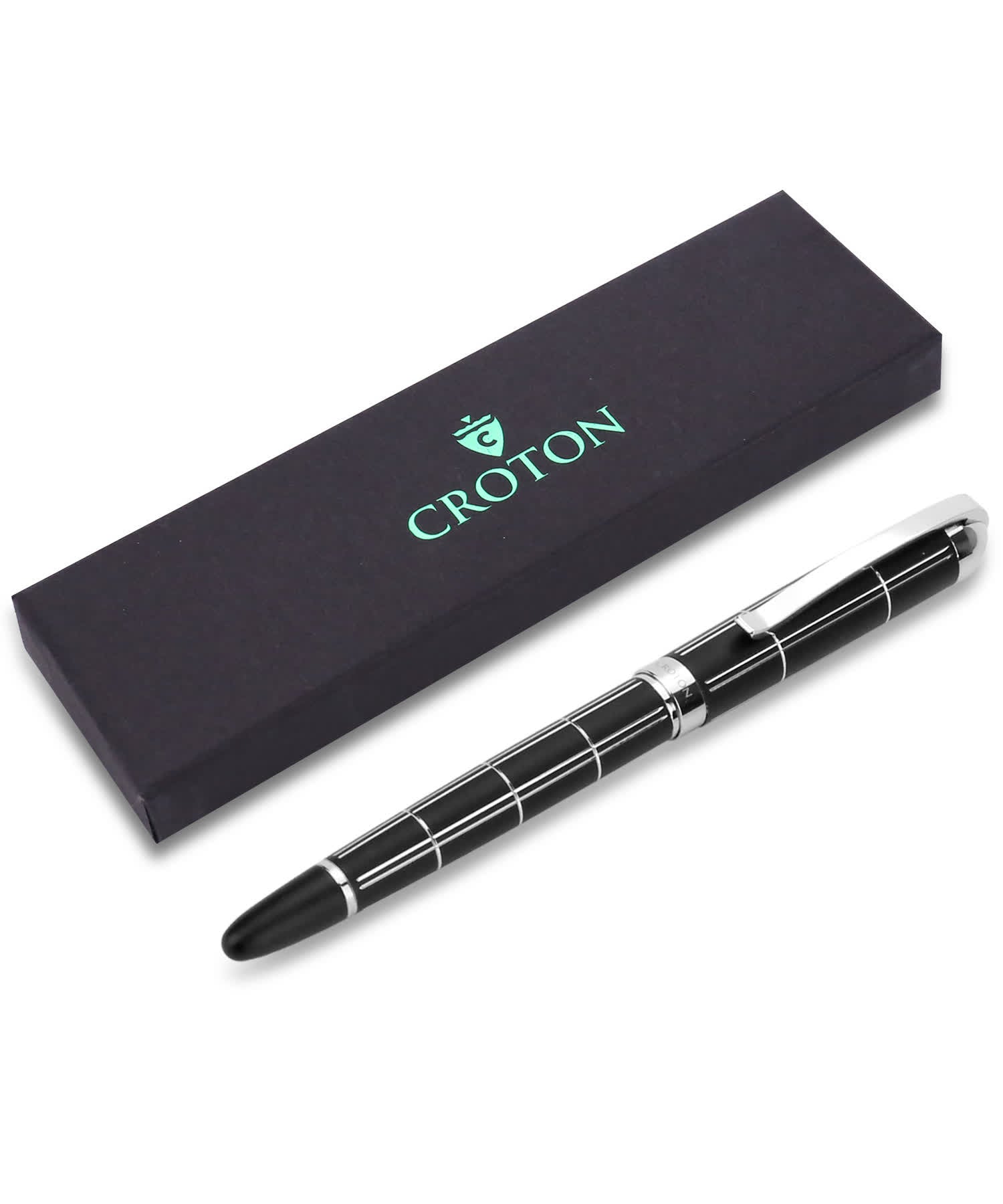 Croton Ballpoint Pen With Laser Cut Grooves In Matte Black and Chrome Accents View 4