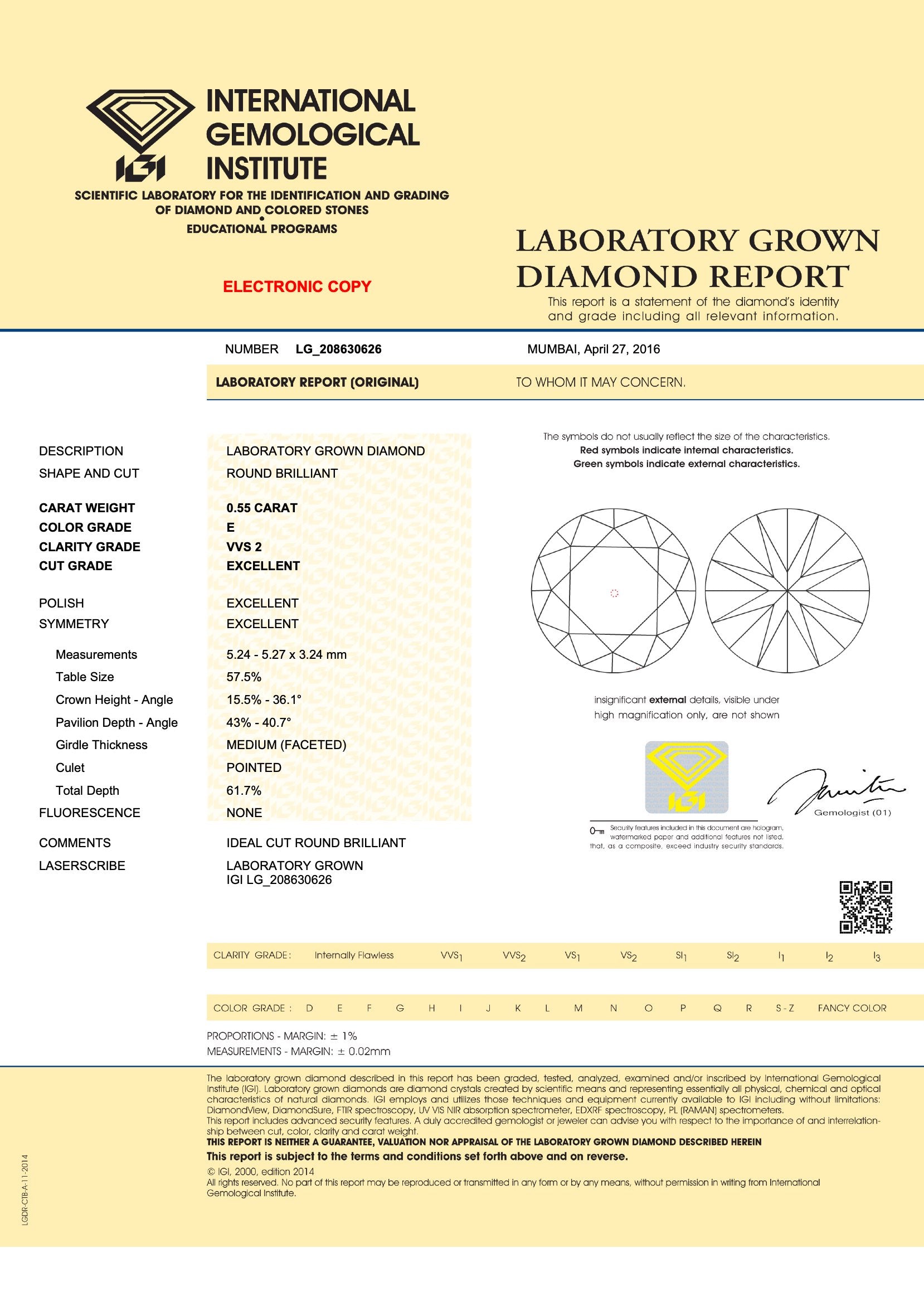 0.55ctw Brilliant Cut Round E Vvs2 Lab-Grown Diamond Certificate
