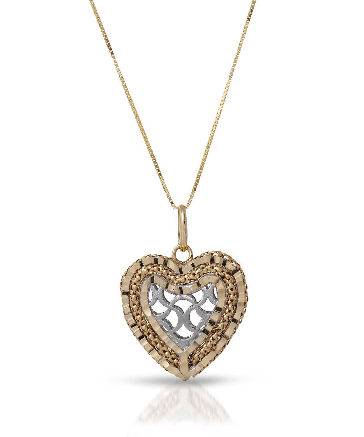 14k Two-Tone Gold Heart Pendant With Box Chain - Made in Italy View 1