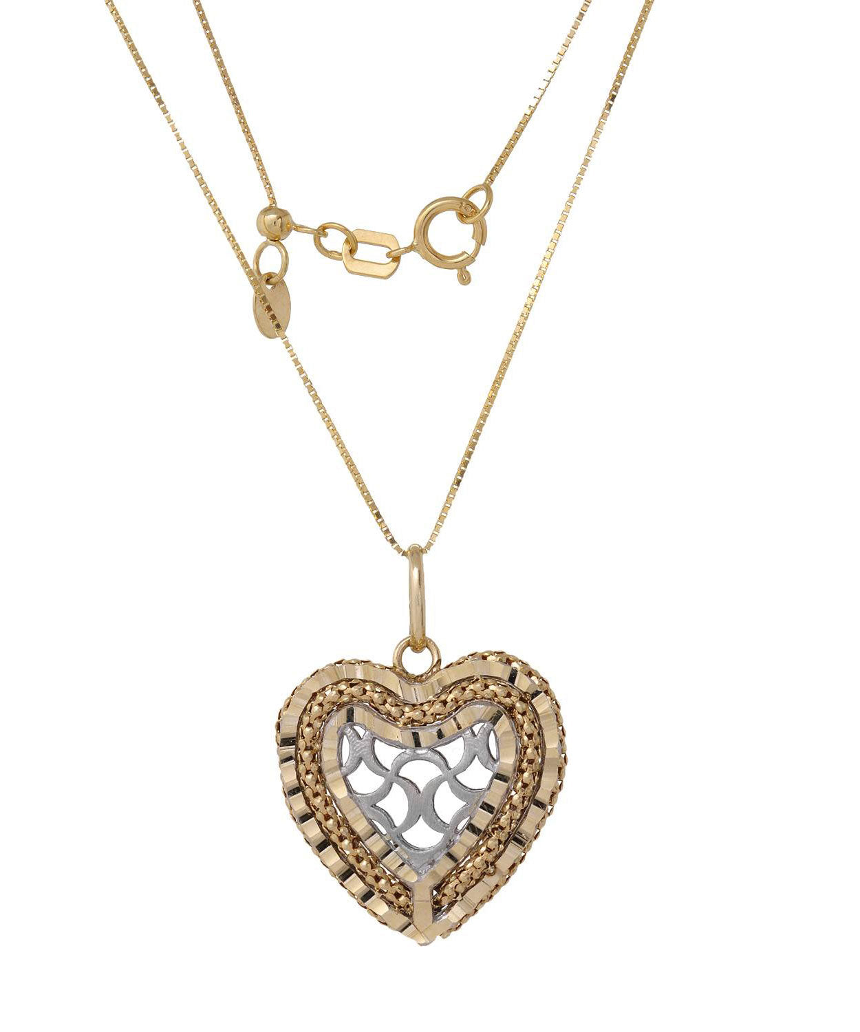 14k Two-Tone Gold Heart Pendant With Box Chain - Made in Italy View 2