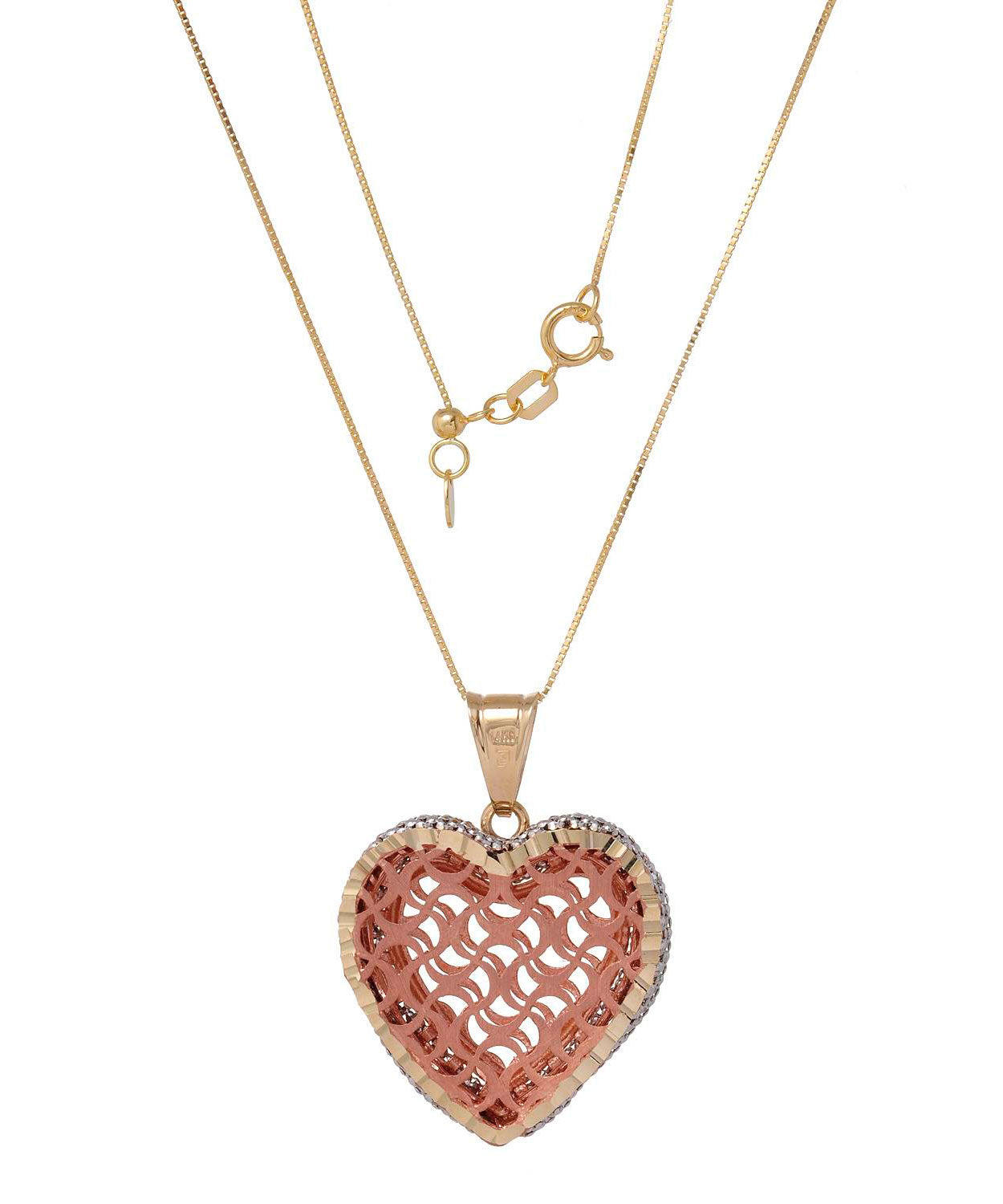 14k Tri-Tone Gold Heart Pendant With Box Chain - Made in Italy View 2
