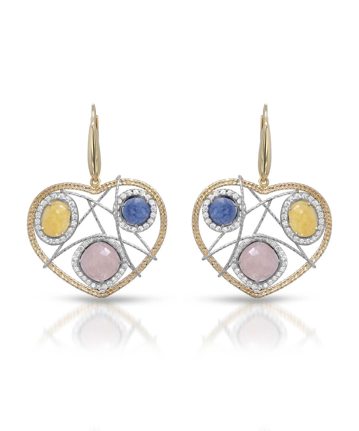 Abstract Collection 8.60ctw Natural Multi-Color Sapphire and Cubic Zirconia 14k Gold Heart Dangle Earrings - Made in Italy View 1