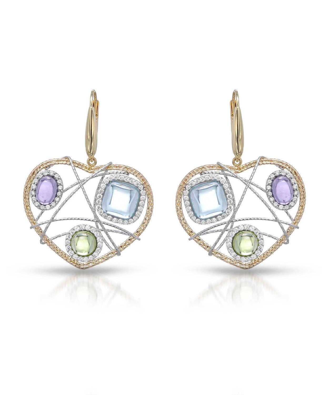 Abstract Collection 8.65ctw Natural Sky Blue Topaz, Peridot, Amethyst and Cubic Zirconia 14k Gold Heart Dangle Earrings - Made in Italy View 1