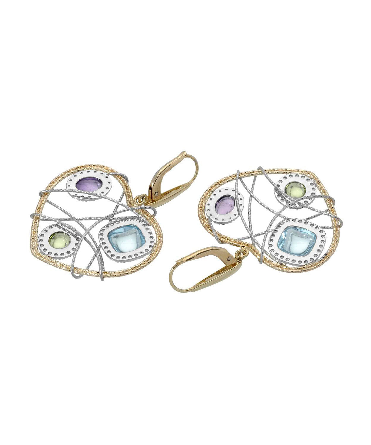 Abstract Collection 8.65ctw Natural Sky Blue Topaz, Peridot, Amethyst and Cubic Zirconia 14k Gold Heart Dangle Earrings - Made in Italy View 2