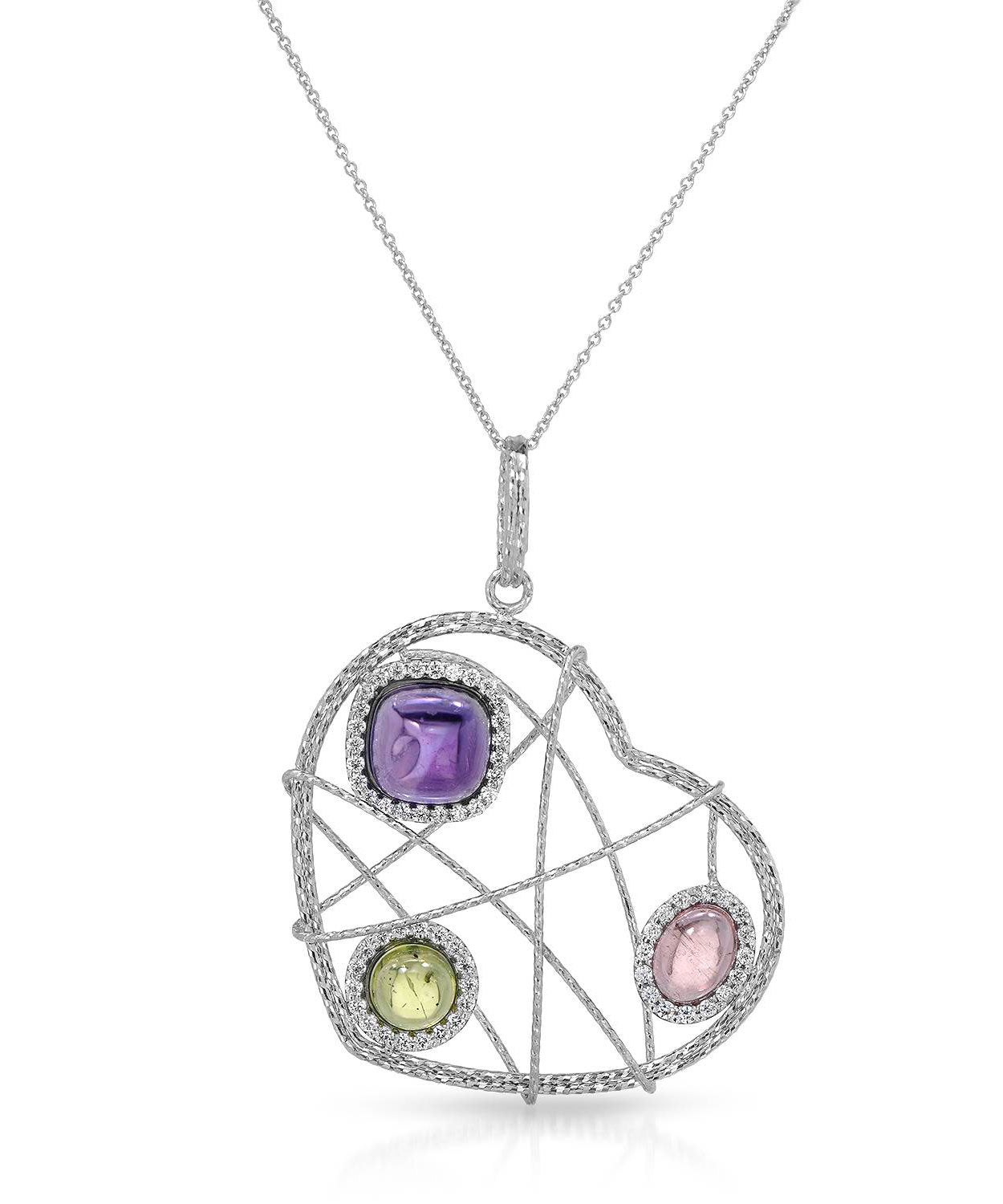 Abstract Collection 3.30ctw Natural Amethyst, Peridot, Tourmaline and Cubic Zirconia 14k Gold Heart Pendant With Chain - Made in Italy View 1