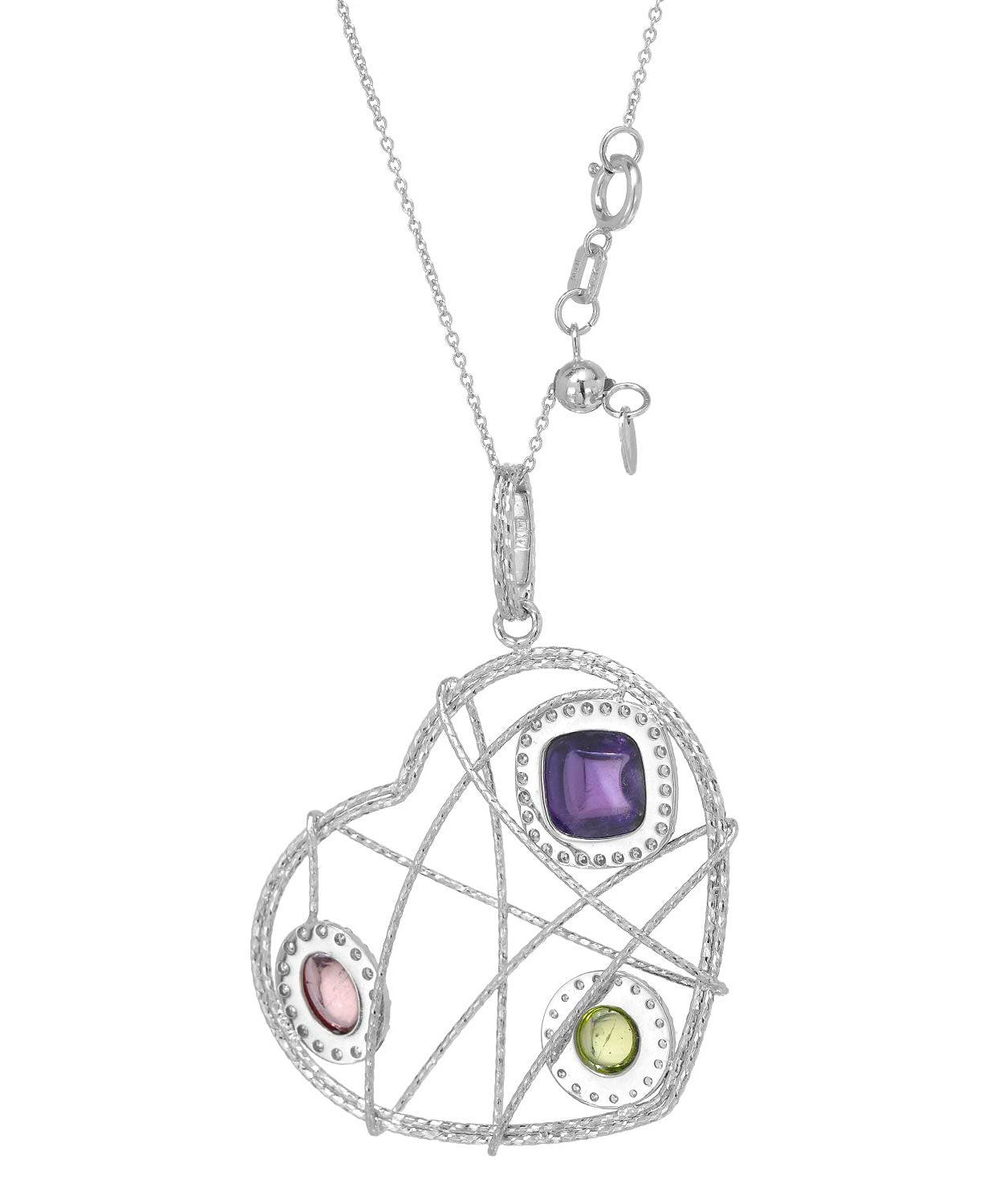 Abstract Collection 3.30ctw Natural Amethyst, Peridot, Tourmaline and Cubic Zirconia 14k Gold Heart Pendant With Chain - Made in Italy View 2