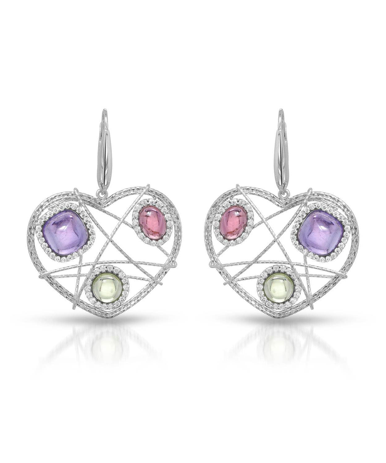 Abstract Collection 5.40 ctw Natural Amethyst, Peridot and Cubic Zirconia 14k Gold Heart Dangle Earrings View 1