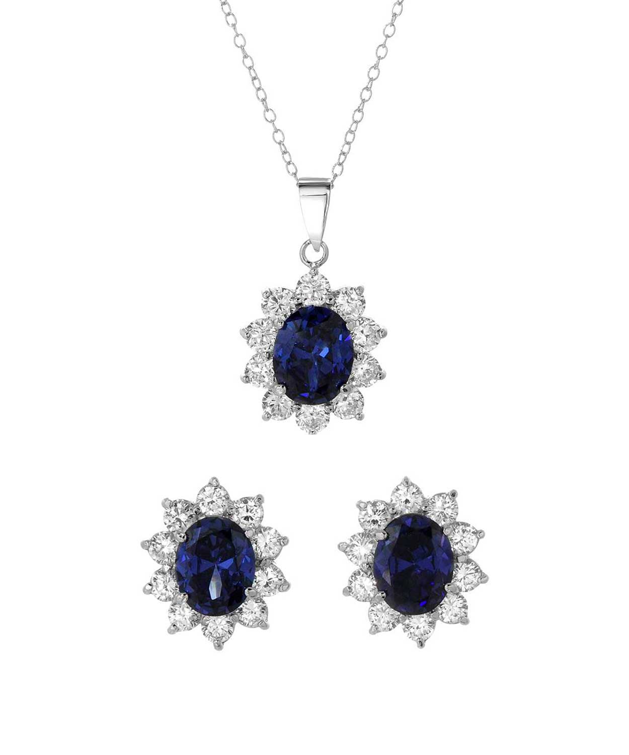 Simulated Royal Blue Sapphire and Brilliant Cut Cubic Zirconia Rhodium Plated 925 Sterling Silver Flower Jewelry Set View 1