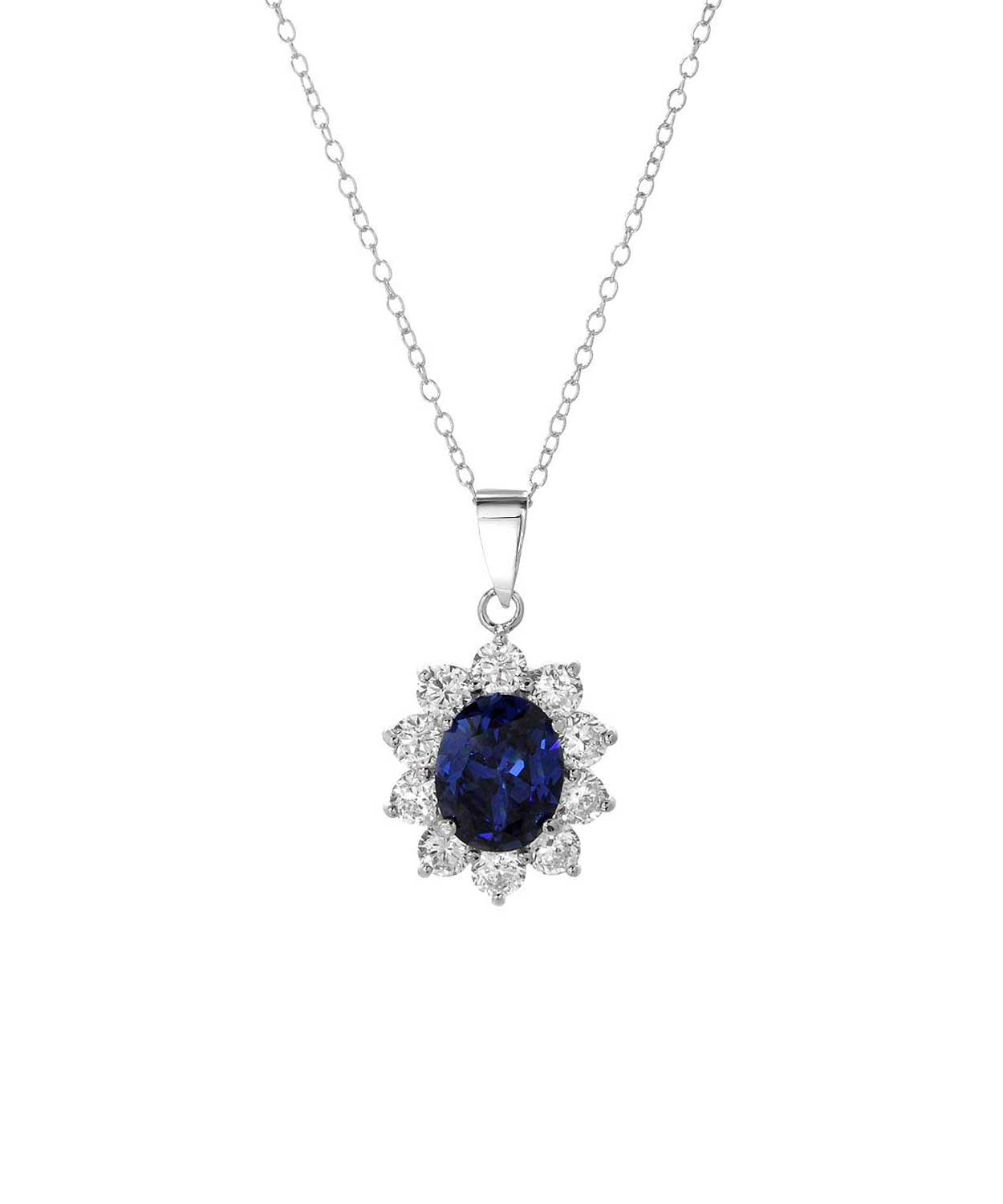 Simulated Royal Blue Sapphire and Brilliant Cut Cubic Zirconia Rhodium Plated 925 Sterling Silver Flower Jewelry Set View 2